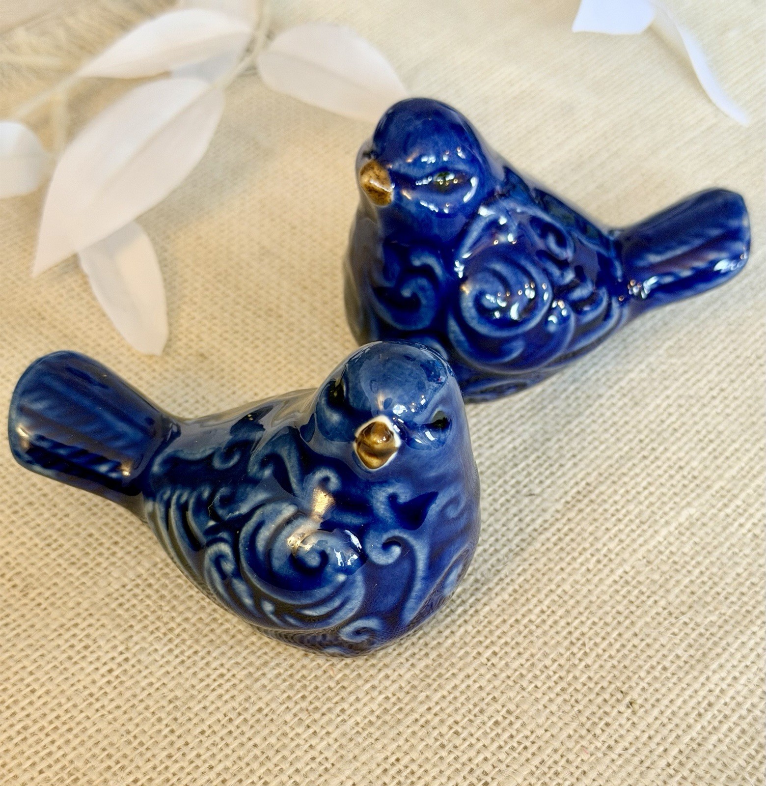 A Pair Of Blue Ceramic Bird Figurine Portugal Handmade Collectible 3.2″ Shelf