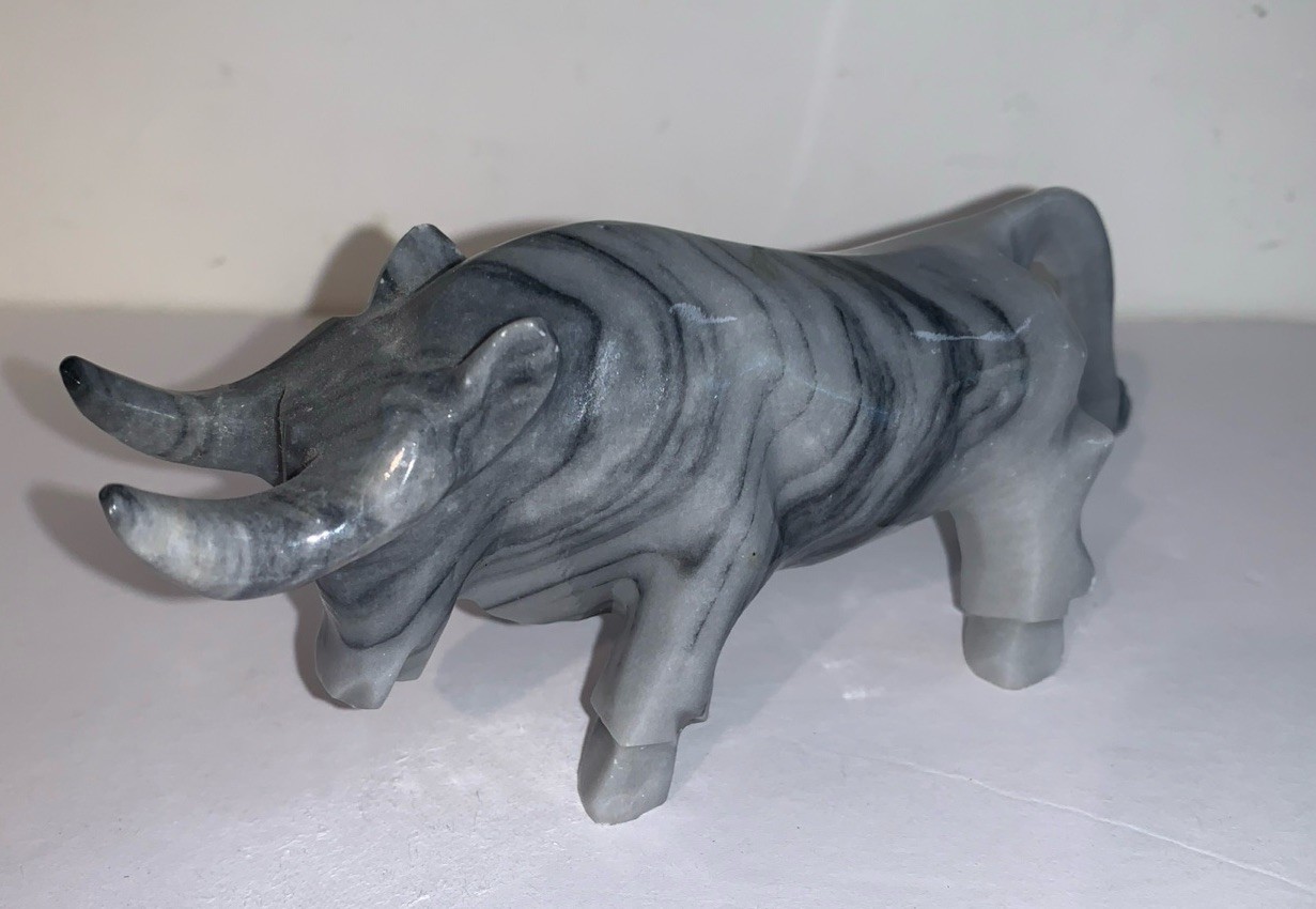 Black and Gray Carved Marble Onyx Charging Bull 6”