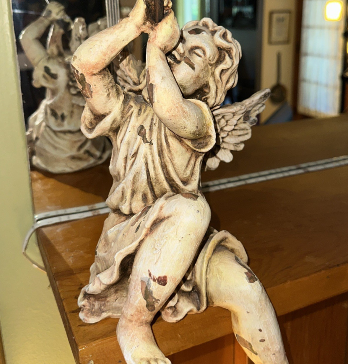 PAIR OF VINTAGE SITTING ANGEL CHERUBS BLOWING HORNS ~ SET OF 2 SIGNED