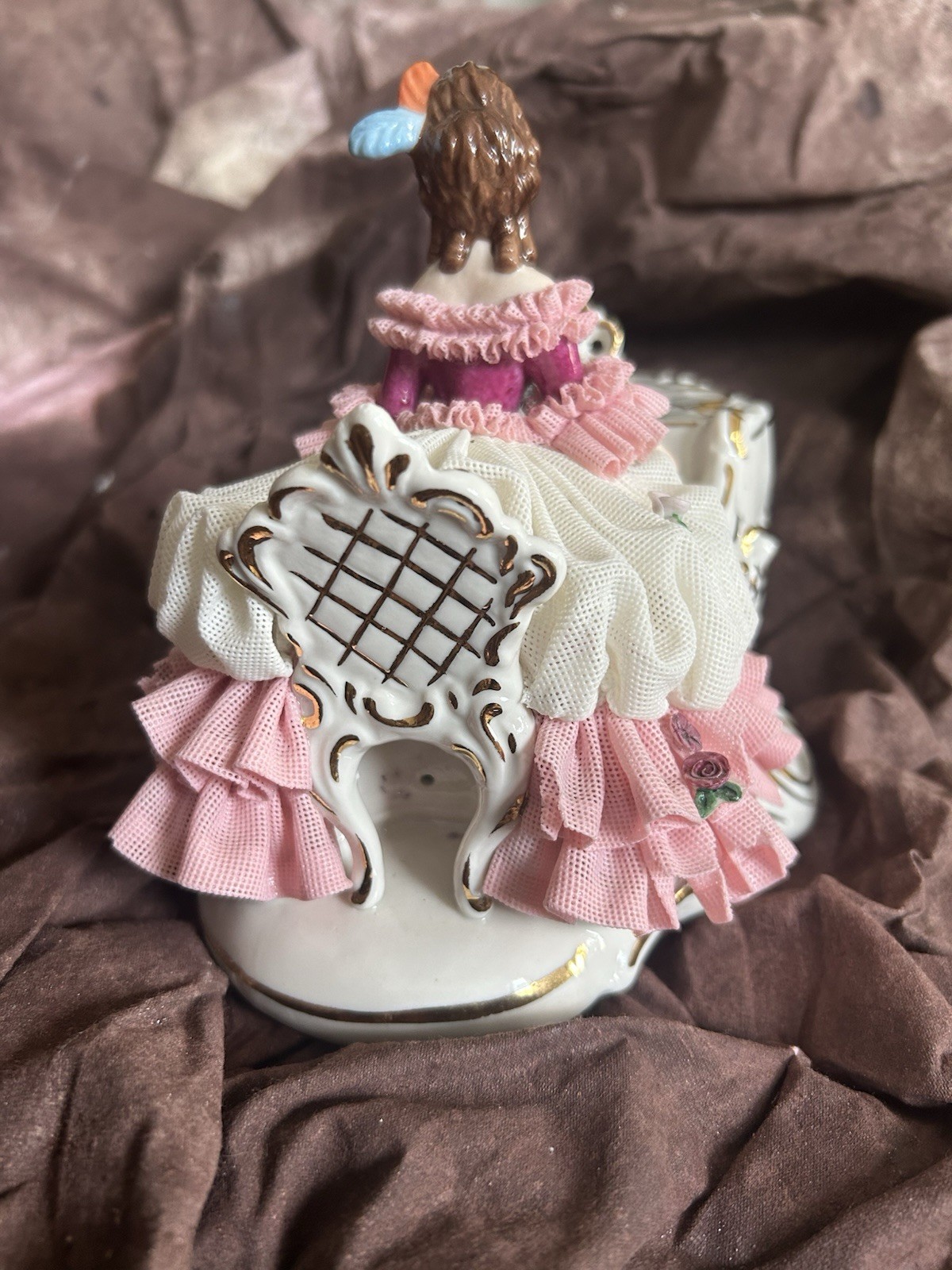 German Porcelain Dresden Lady at Piano. Dipped Pink/White Dress Numbered piece.