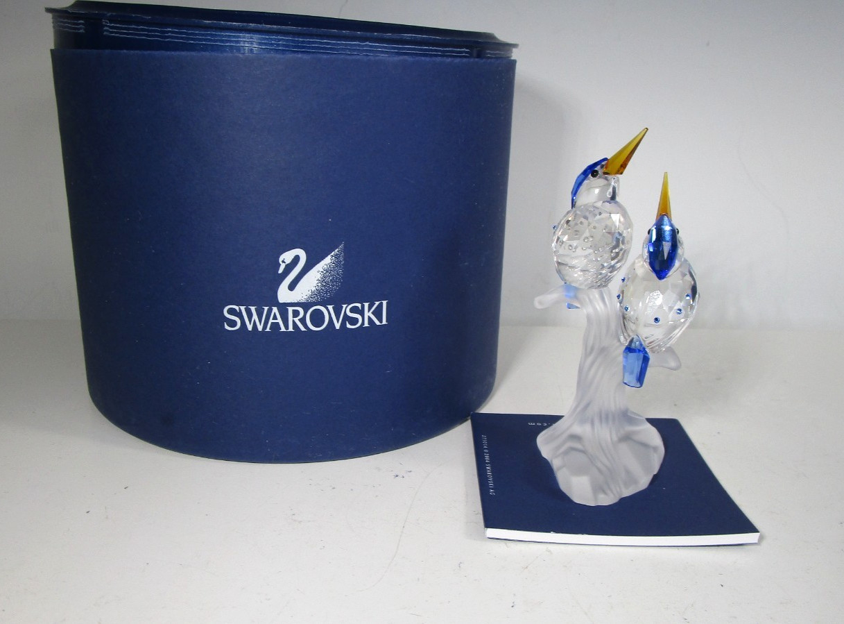 Vintage Swarovski Crystal Malachite Kingfisher Bird Pair with Box Brochure
