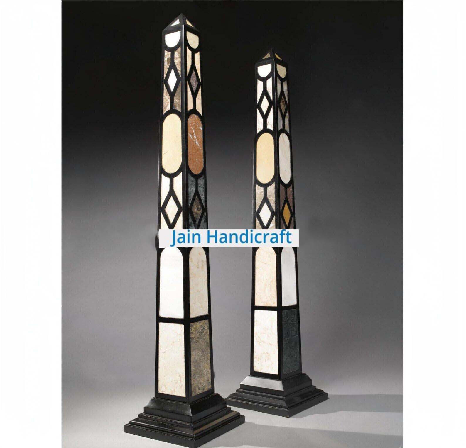 18″ two black Marble Obelisk Pietra Dura Inlay home decor dining room kitchen