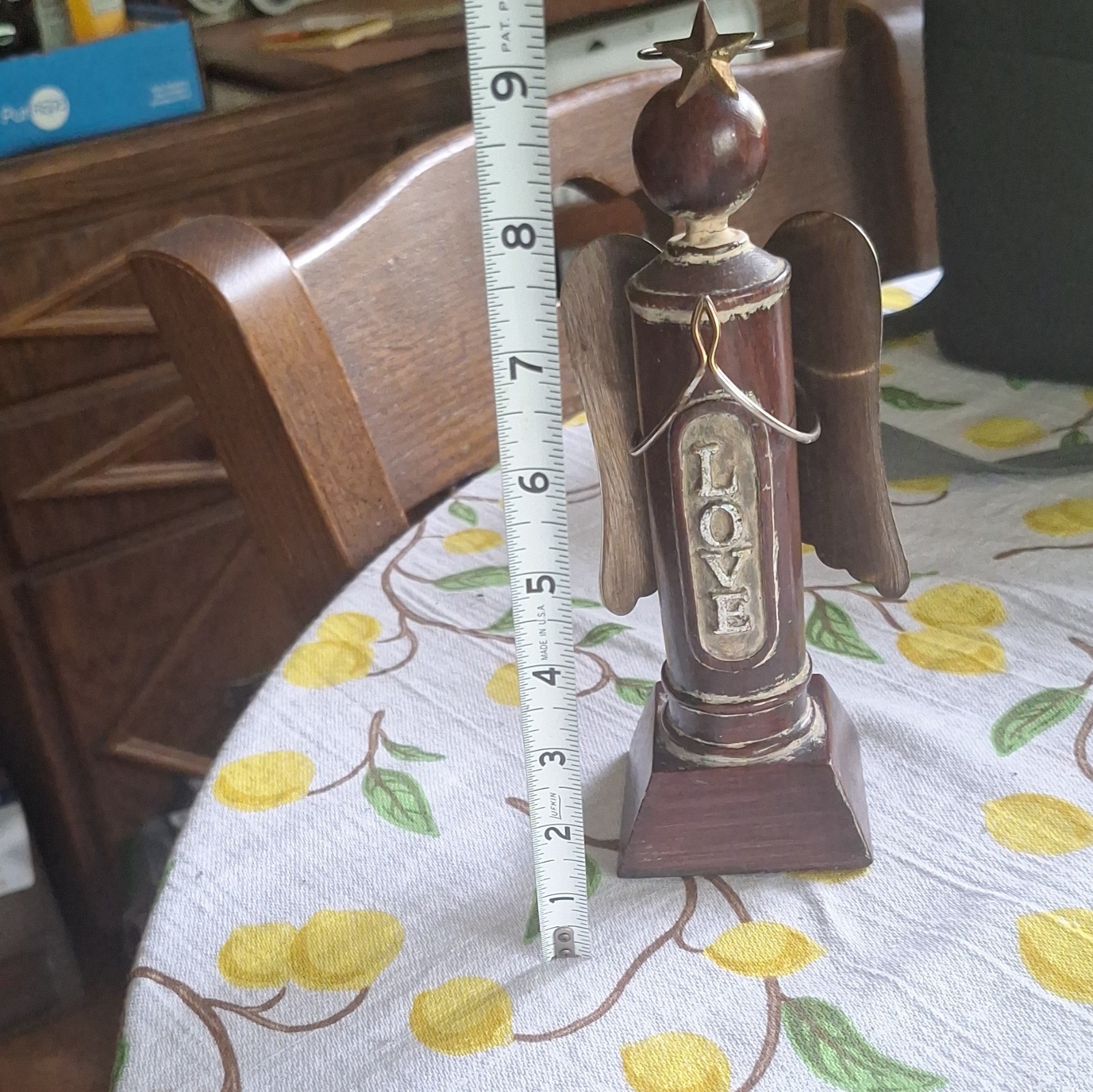 Wood Angel Figurine “LOVE” Brown/Gold Carved Wings 9 in Tall Decor