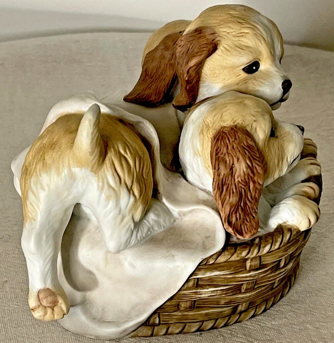 Vintage Homco 1990 Puppies In Basket Figurine Masterpiece Porcelain Dog Decor