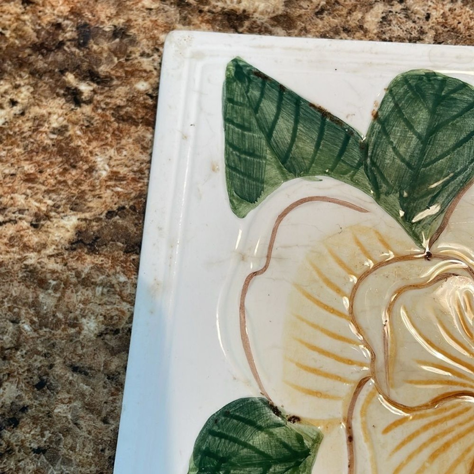 Decorative Ceramic Tile Magnolia Flower Embossed Leaves‎ Cork Back Coaster Art