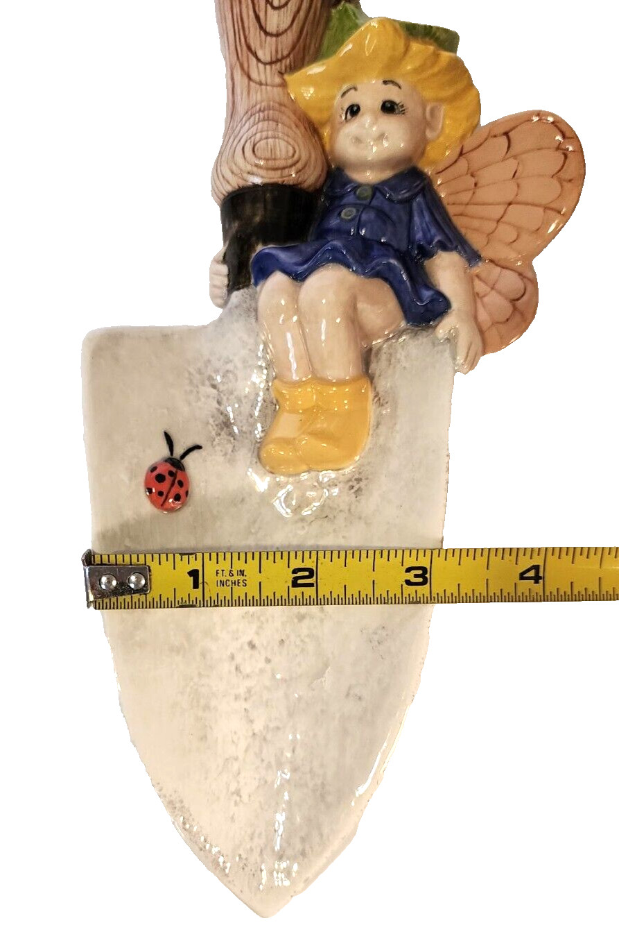 Vtg-Ceramic-Hanging-Garden Pixie-Sitting on top of aTrowel with Lady Bugs-Signed