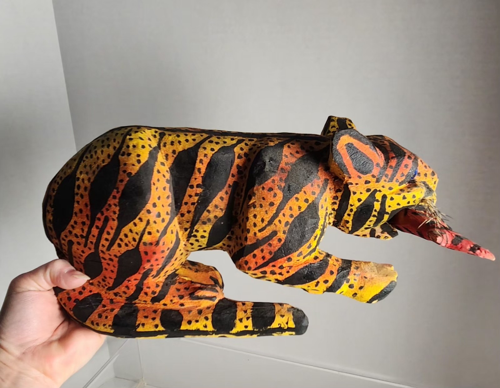 Carved Wood Hand Painted Crouching Tiger With Prey Whiskers Marble Eyes