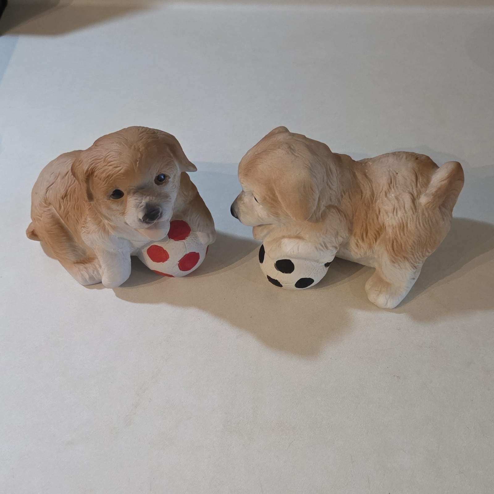 Ceramic Puppy Dog Figurines w/ Soccer Balls Hand Painted Matte Spotted 2pc