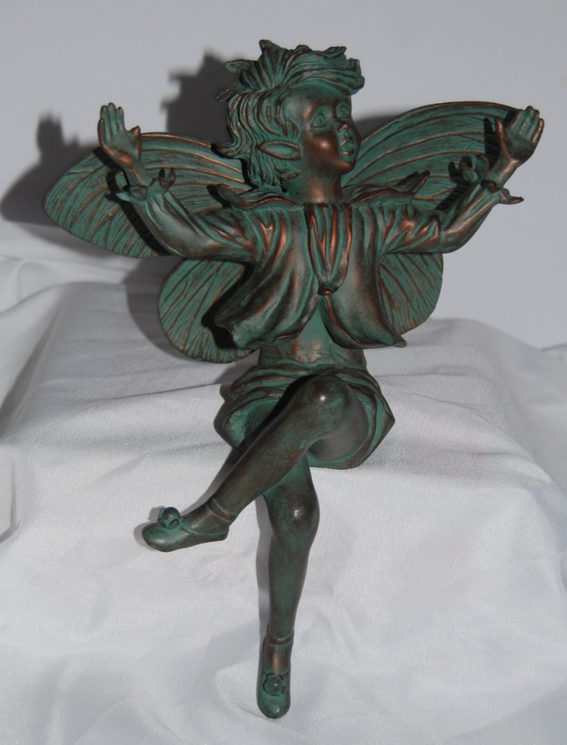 Vtg 10″ Cicely Mary Barker Fuchsia Flower Fairy Bronze Verdigris Garden Statue