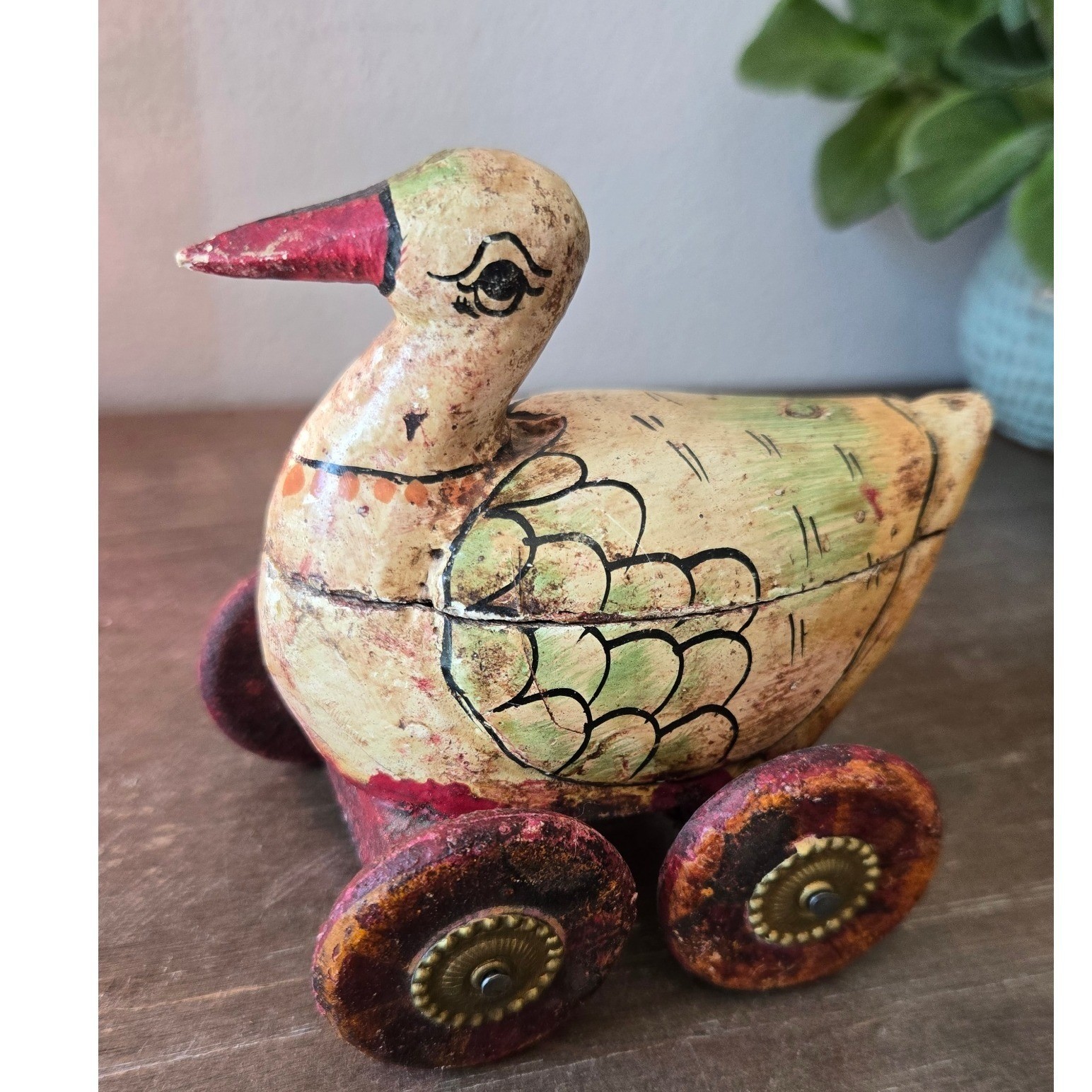 Vintage Hand Painted Wooden Duck Pull Toy Trinket Box Folk Art Rolling Figurine