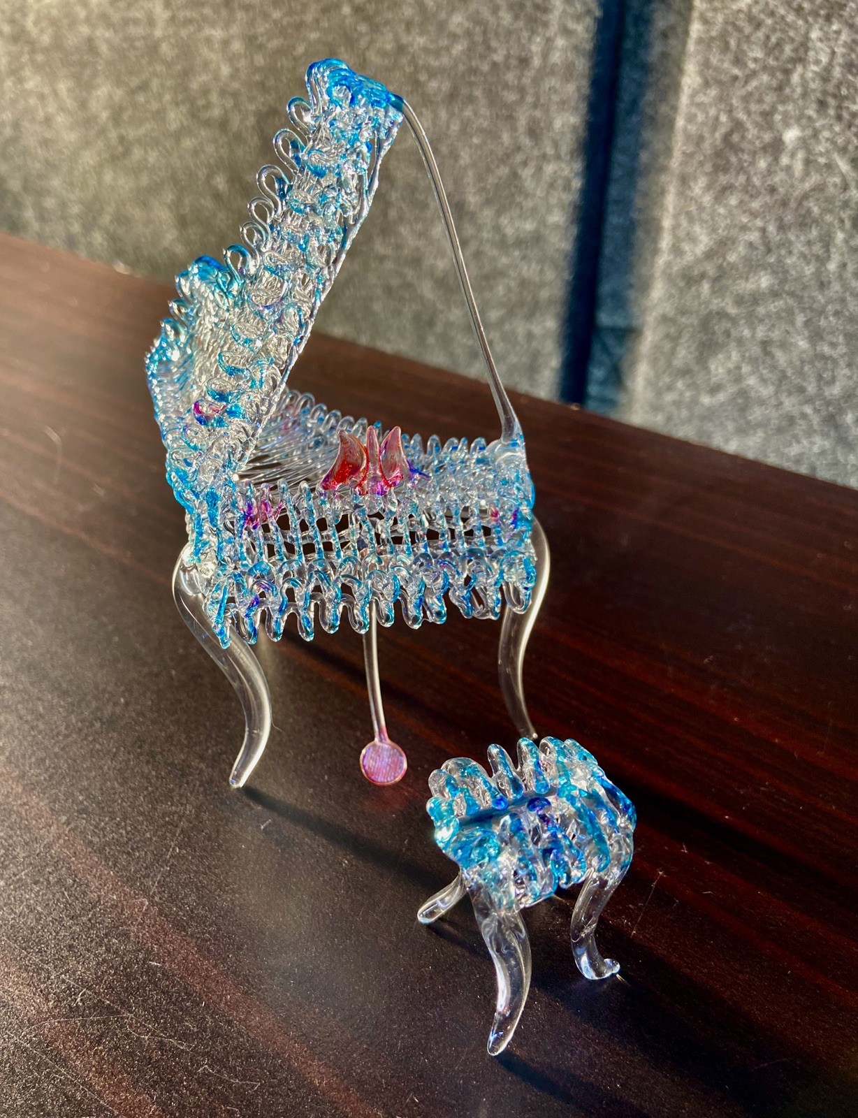 Vintage Hand Spun Blue, Pink Clear Glass Piano w Bench 5.5” tall Figurine