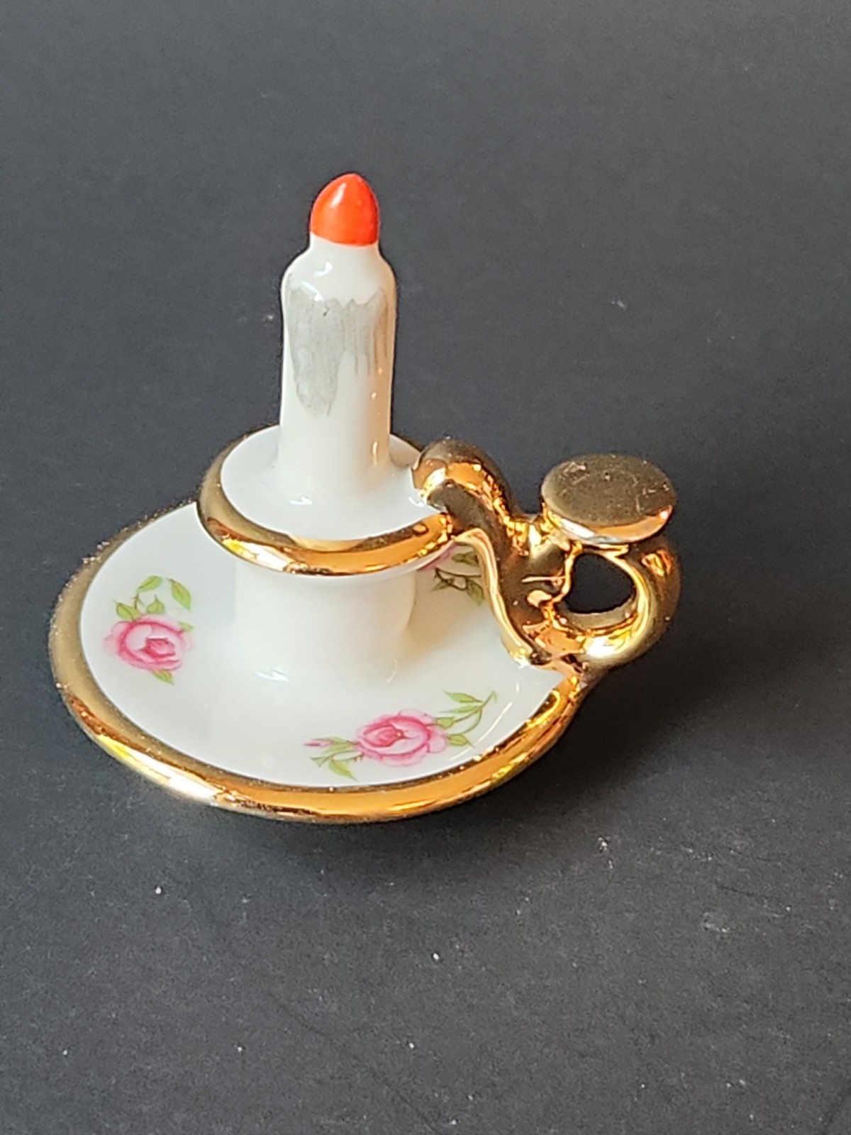Vintage Limoges France Miniature Porcelain Candlestick Roses Gold Trim Dollhouse