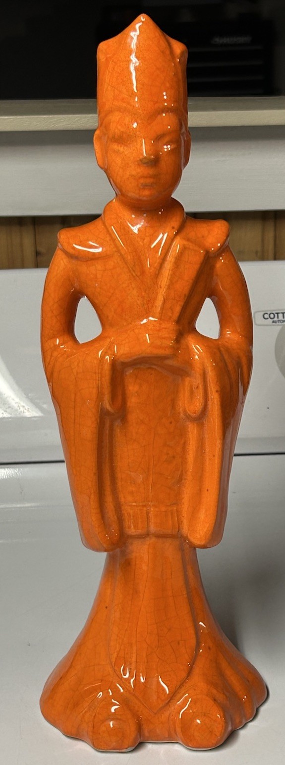Vintage Mid Century Quan Yin Orange Chalkware Plaster Figure Statue 14.5” Tall