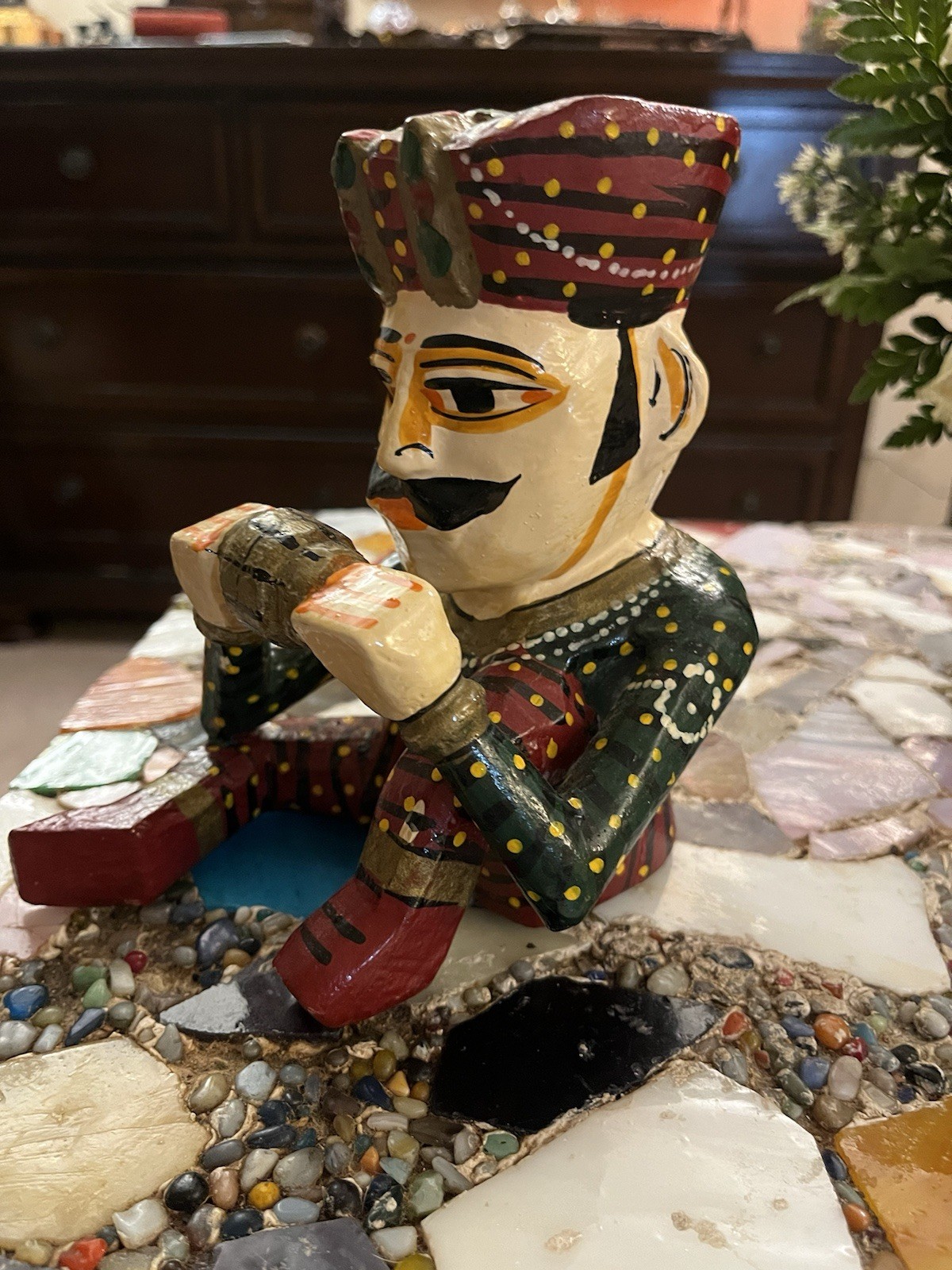 Hand Painted Solid Wood Rajasthani Bawla Musician Craved Figure