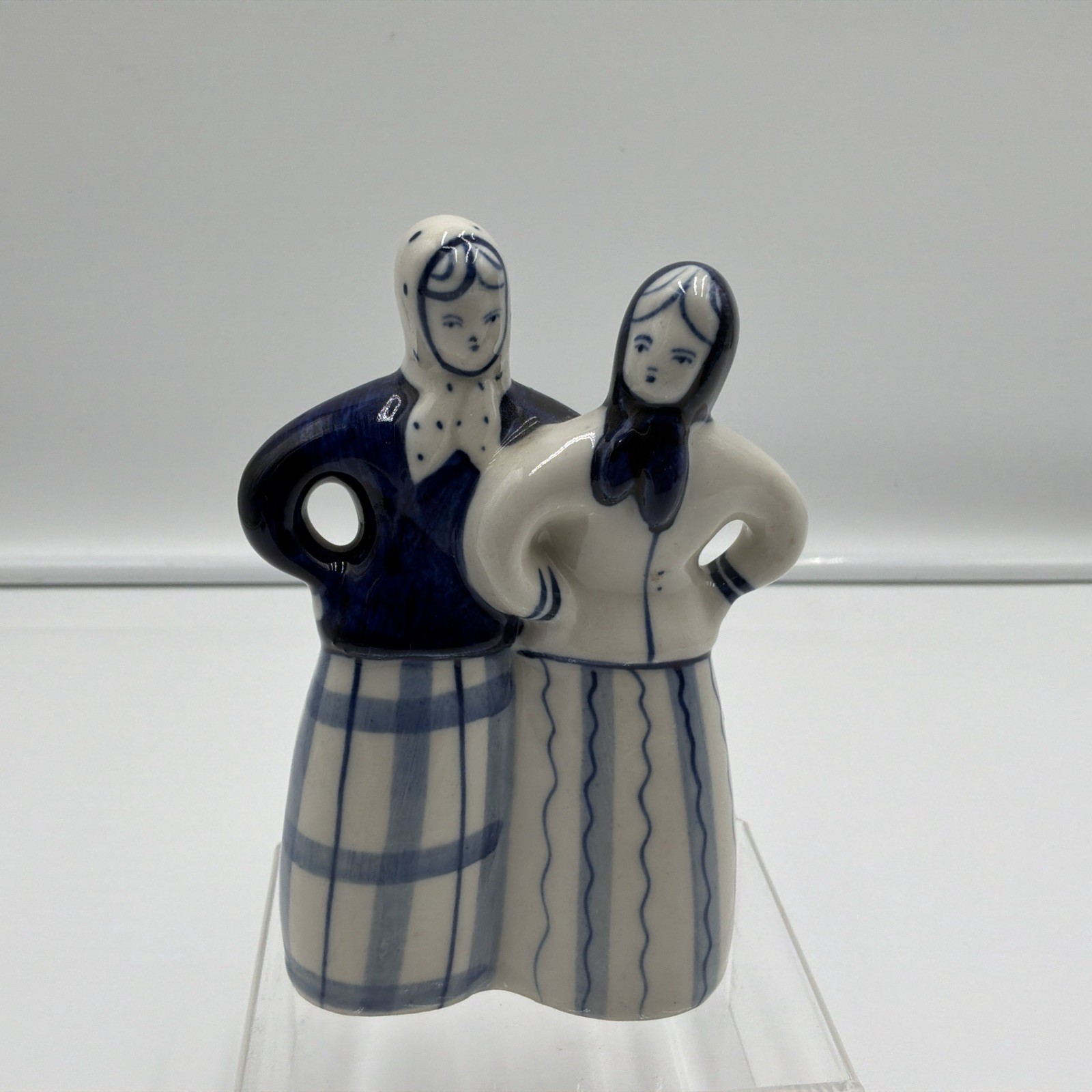 Vintage USSR Gzhel Hand Painted Blue White Porcelain Two Girls Folk Art Figurine
