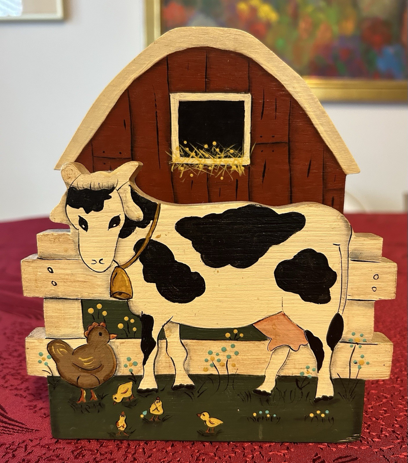 Folk Art Napkin Holder, Black & White Cow, Wood Barn, 5-1/2 in. wide