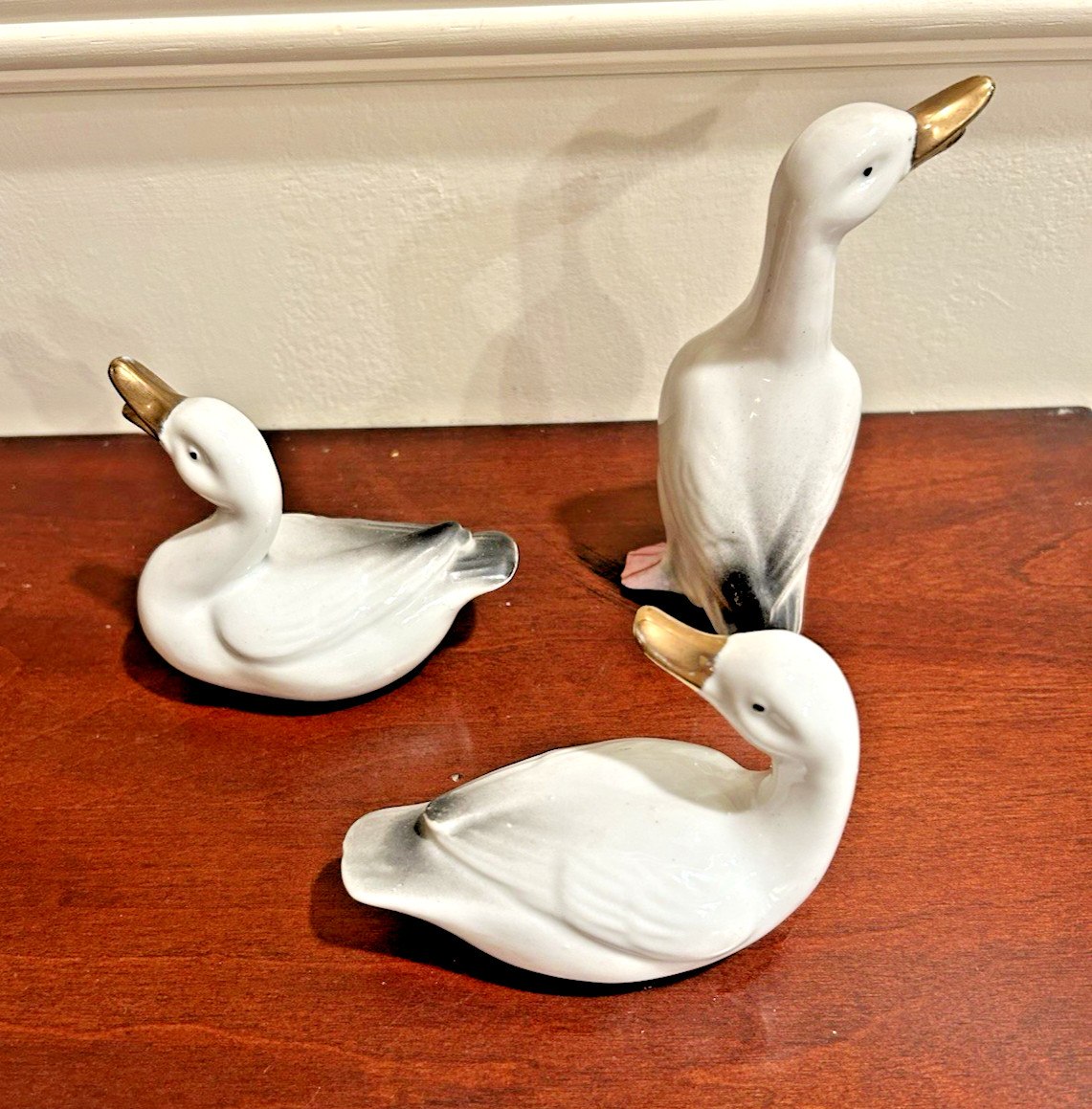 Set Of 3 Porcelain White Ducks with Gold Beaks & Black Accent Feathers-Vintage