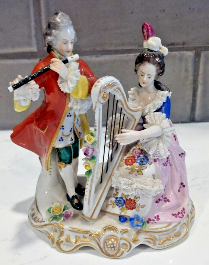 Volkstedt Germany – Porcelain Lace – Figurine Harp And Flute – 1762 – 5 1/2 in