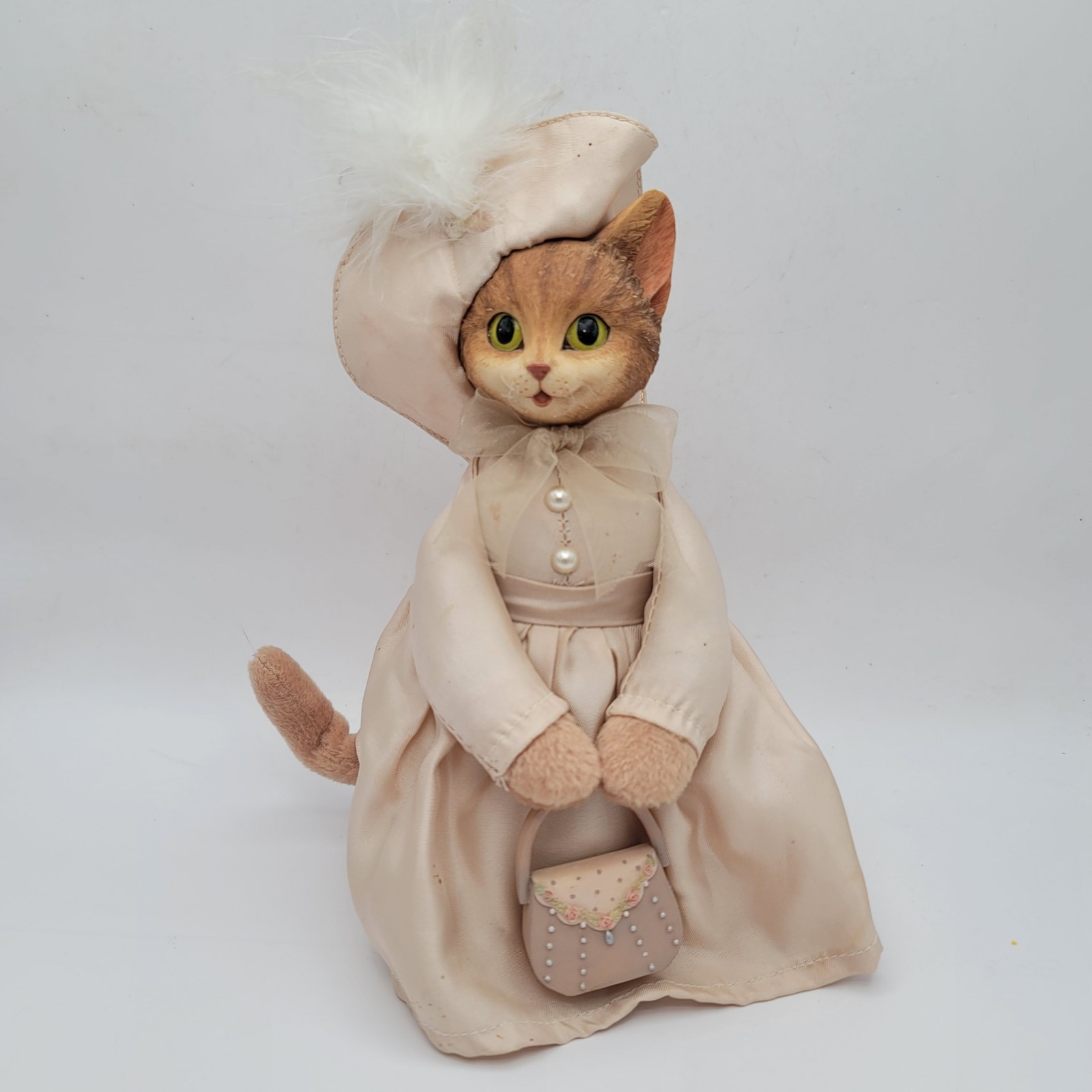 Vintage Victorian Lady Cat Figurine Resin Fabric Dress Hat Collectible