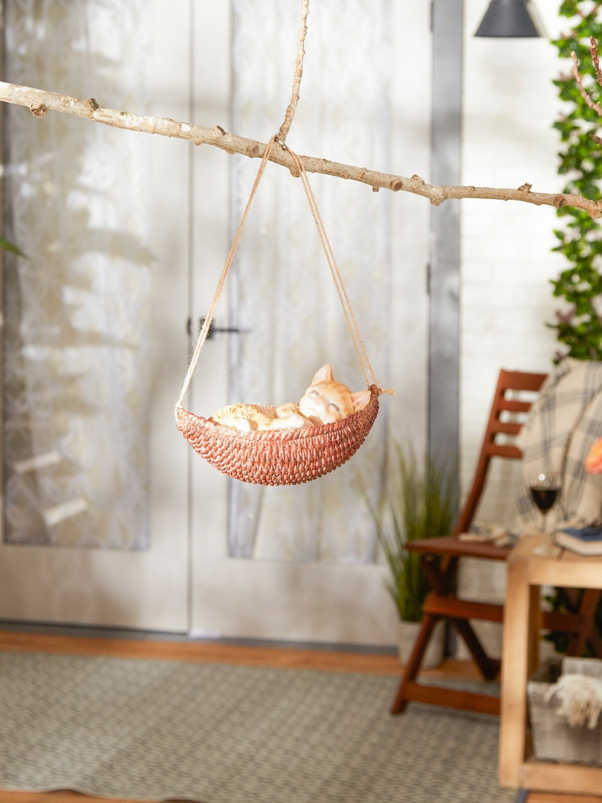 Brown Polyresin Whimsy Napping Cat On Hammock Figurine Indoor Outdoor Decor