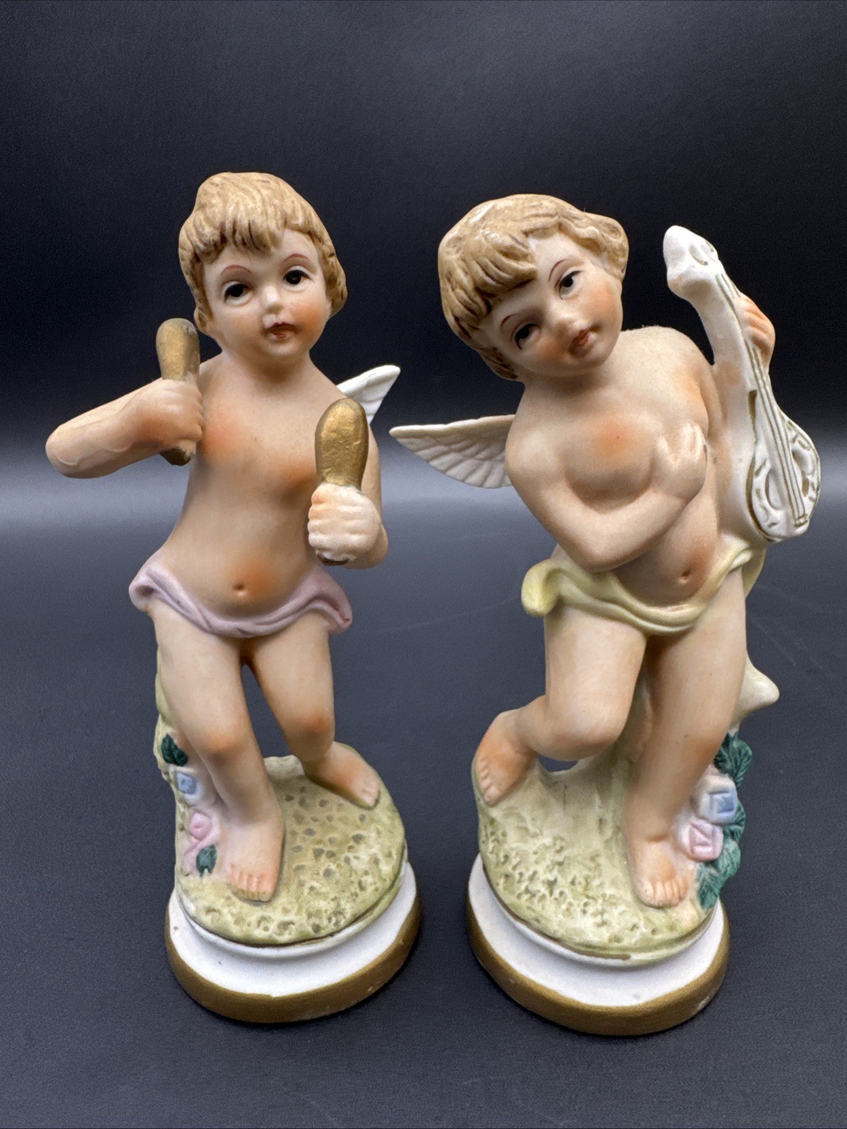 Vintage Porcelain Cherub Angel Figurines Pair Musical Instrument Art Nouveau