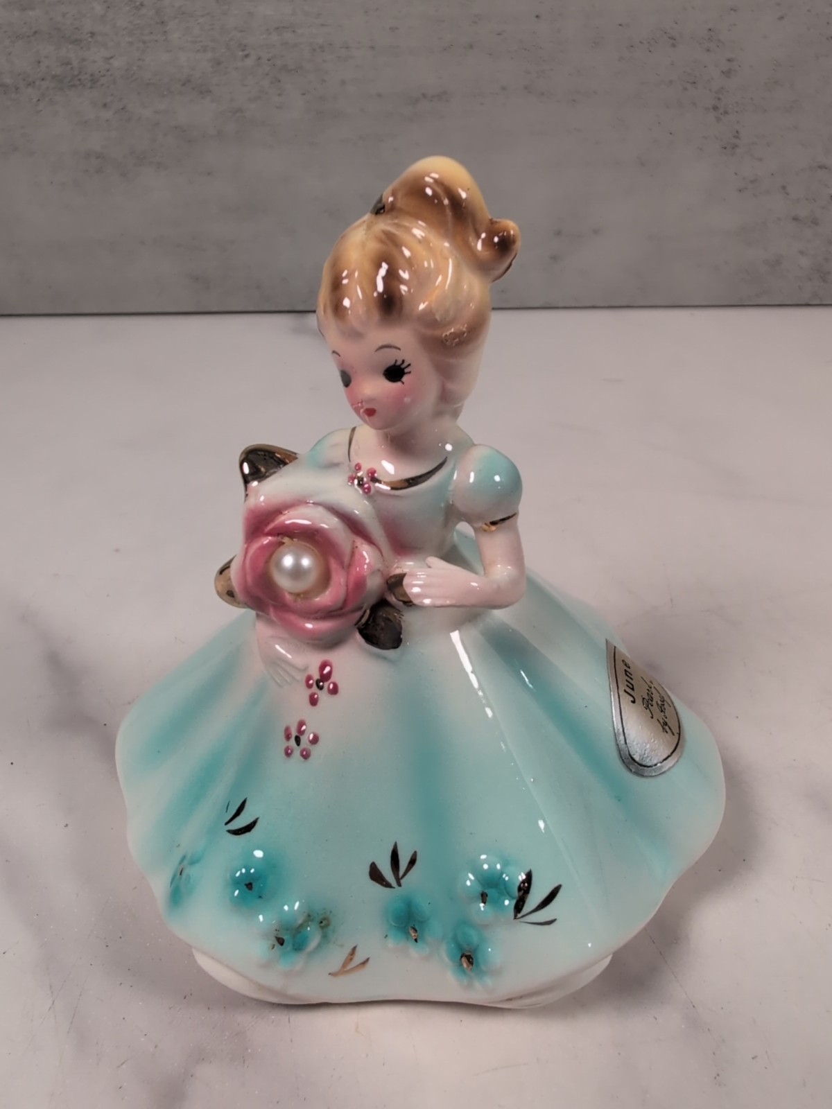 Vintage Josef Originals June Pearl Birthday Girl Blue Dress Porcelain Figurine