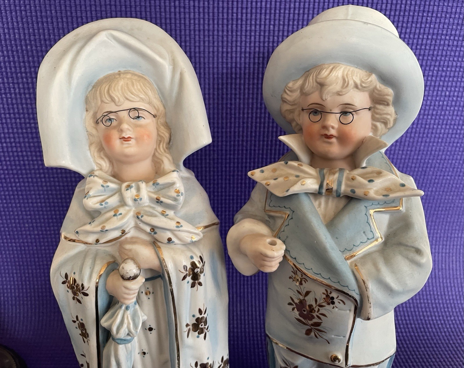 Antique Large German Bisque 12” Boy/ Girl Dressed As Grandparents Blue/ Gold