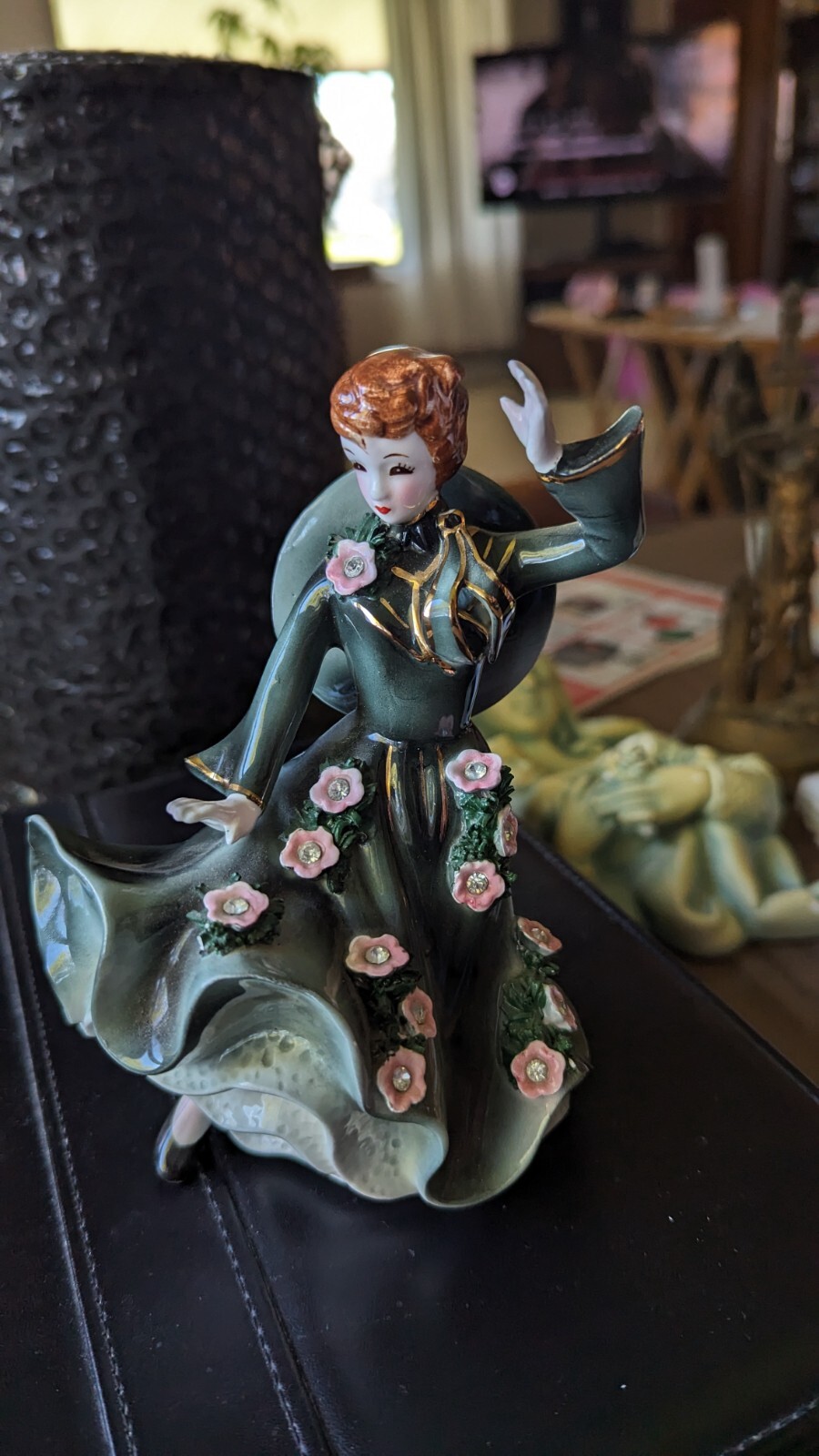Vintage LEFTON Dancing Girl Figurine Excellent 6″ Green 1956 Rhinestones MR10337