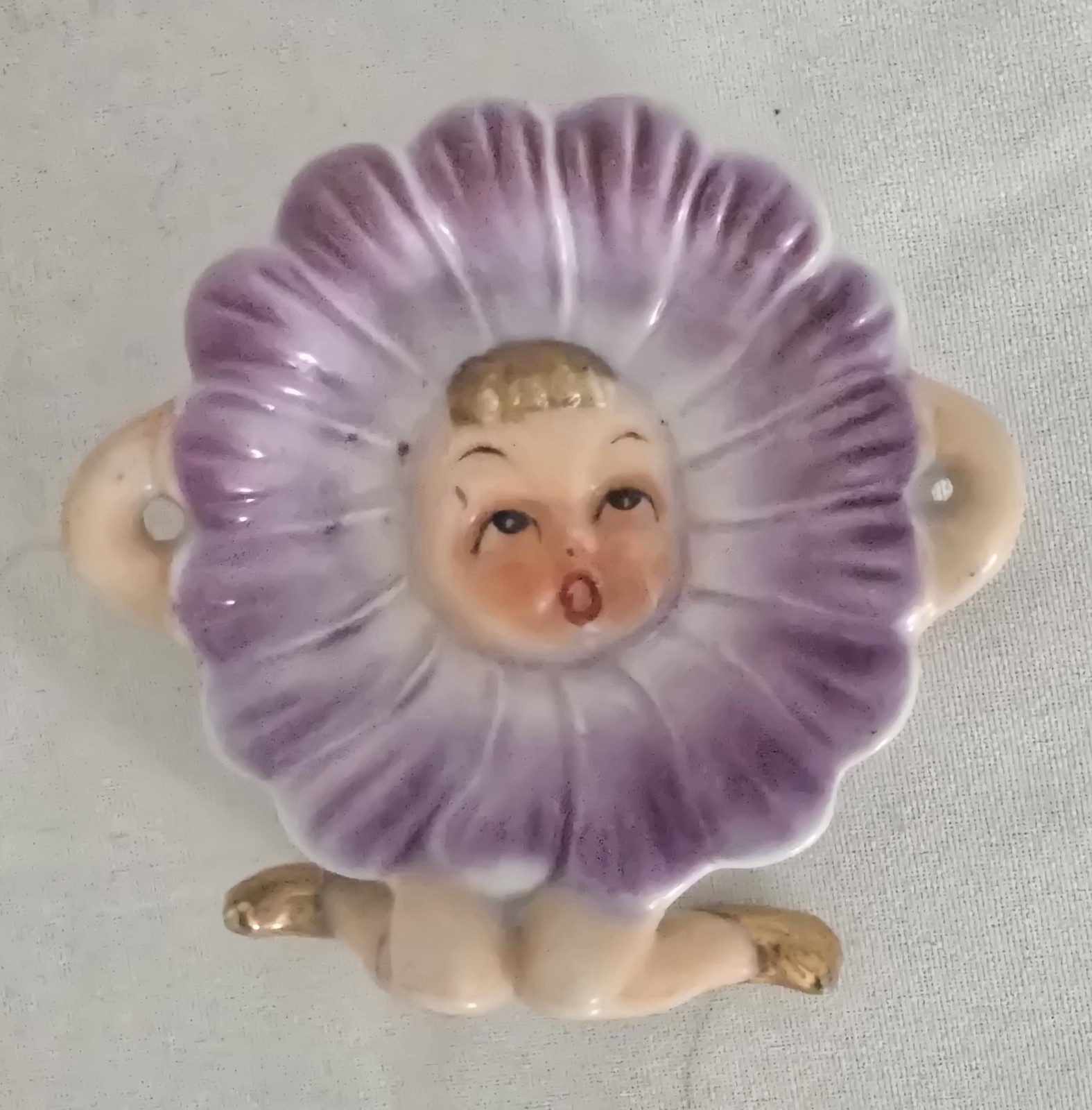 Vintage 50’s Anthropomorphic Face in Purple Daisy Flower W/ Gold Shoes Japan