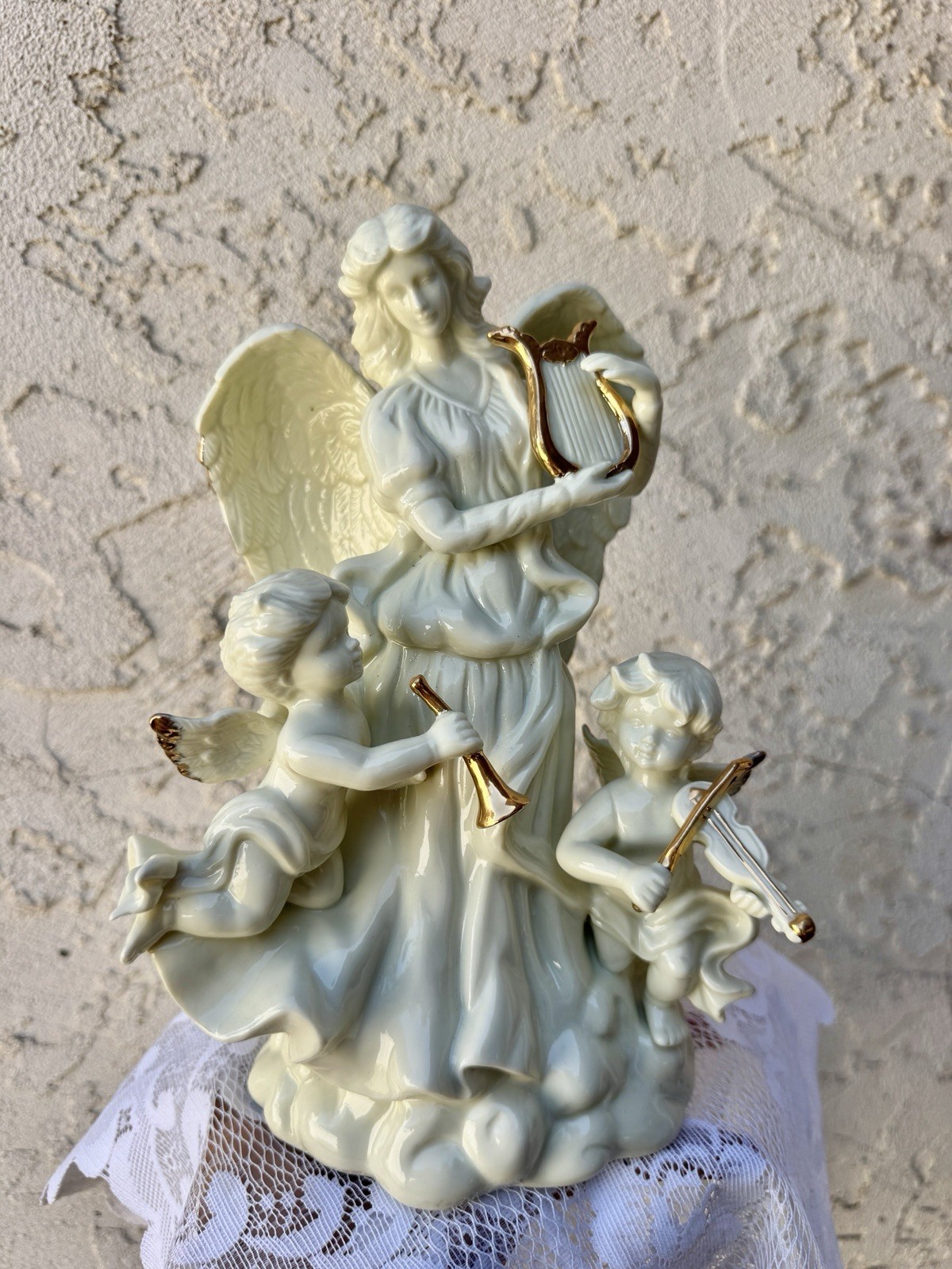 White Gold Porcelain Angel Figurine w/ Cherubs Playing Music Hand Painted