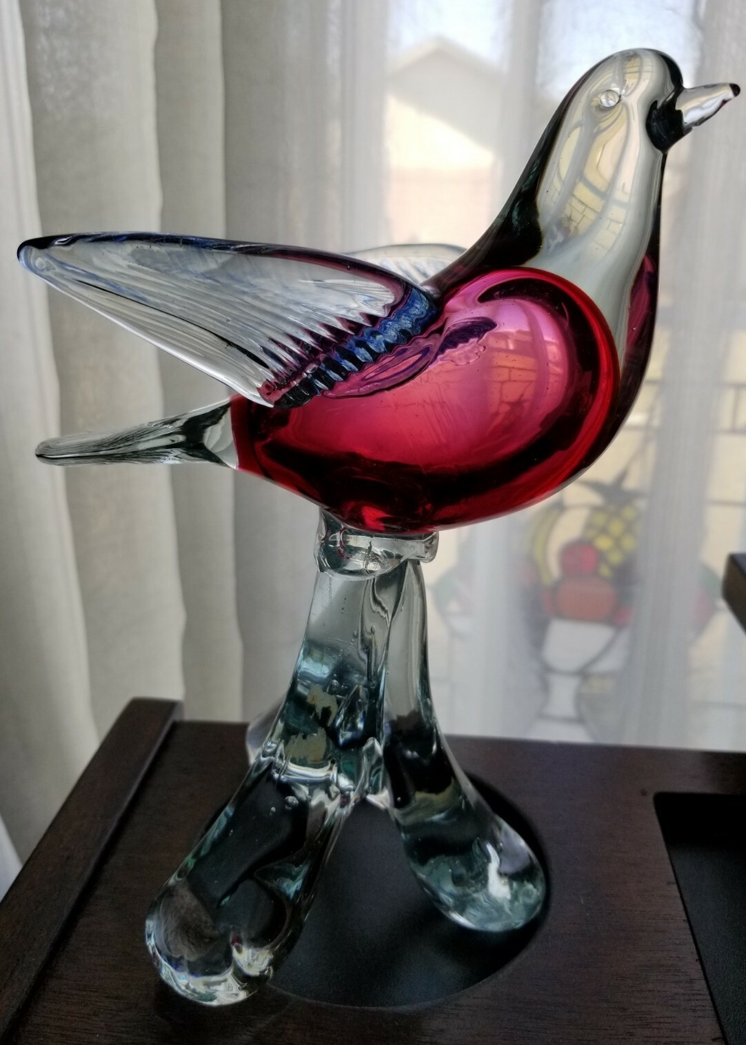 FM Konstglas Ronneby Sweden Art Glass Magenta & Blue Bird on Pedestal EUC MCM