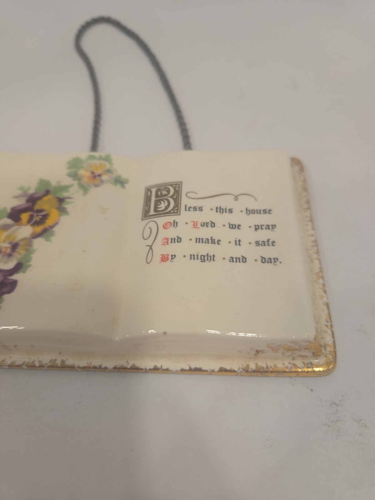 Vintage Ceramic Open Book BLESS THIS HOUSE Flowers Gold Trim Christian Religious