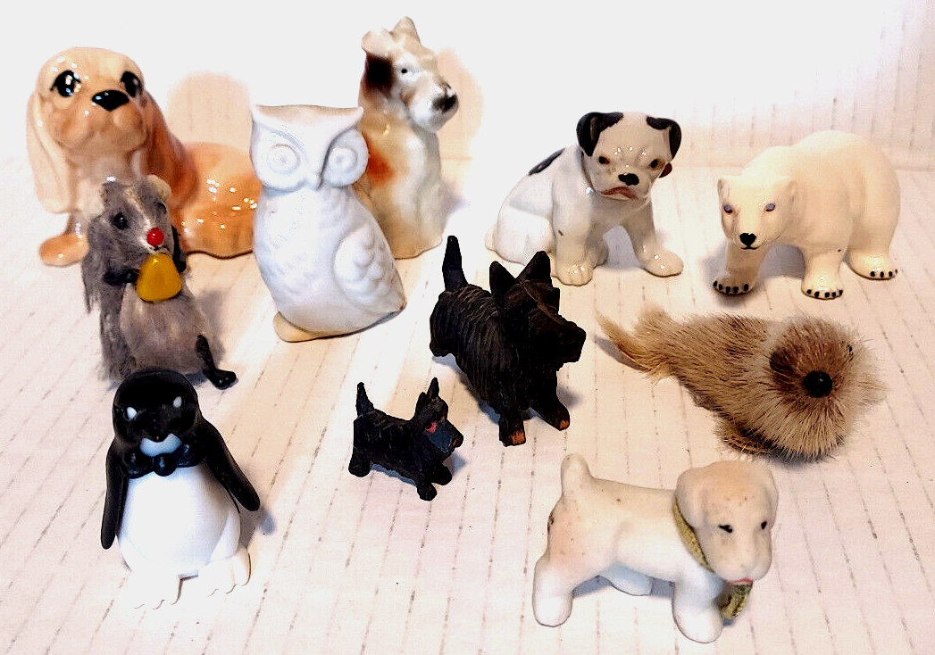 11 Vintage Animal Figurines Dogs Polar Bear Penguin Seal Porcelain Wood Faux Fur