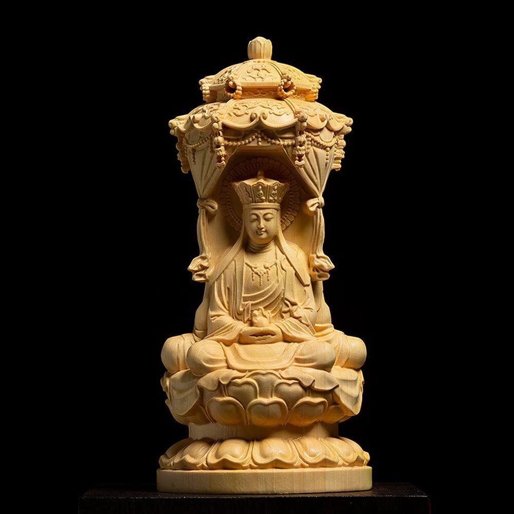 15cm Three Face Amitabha Guanyin Wooden Buddha Statue Home Altar Decor