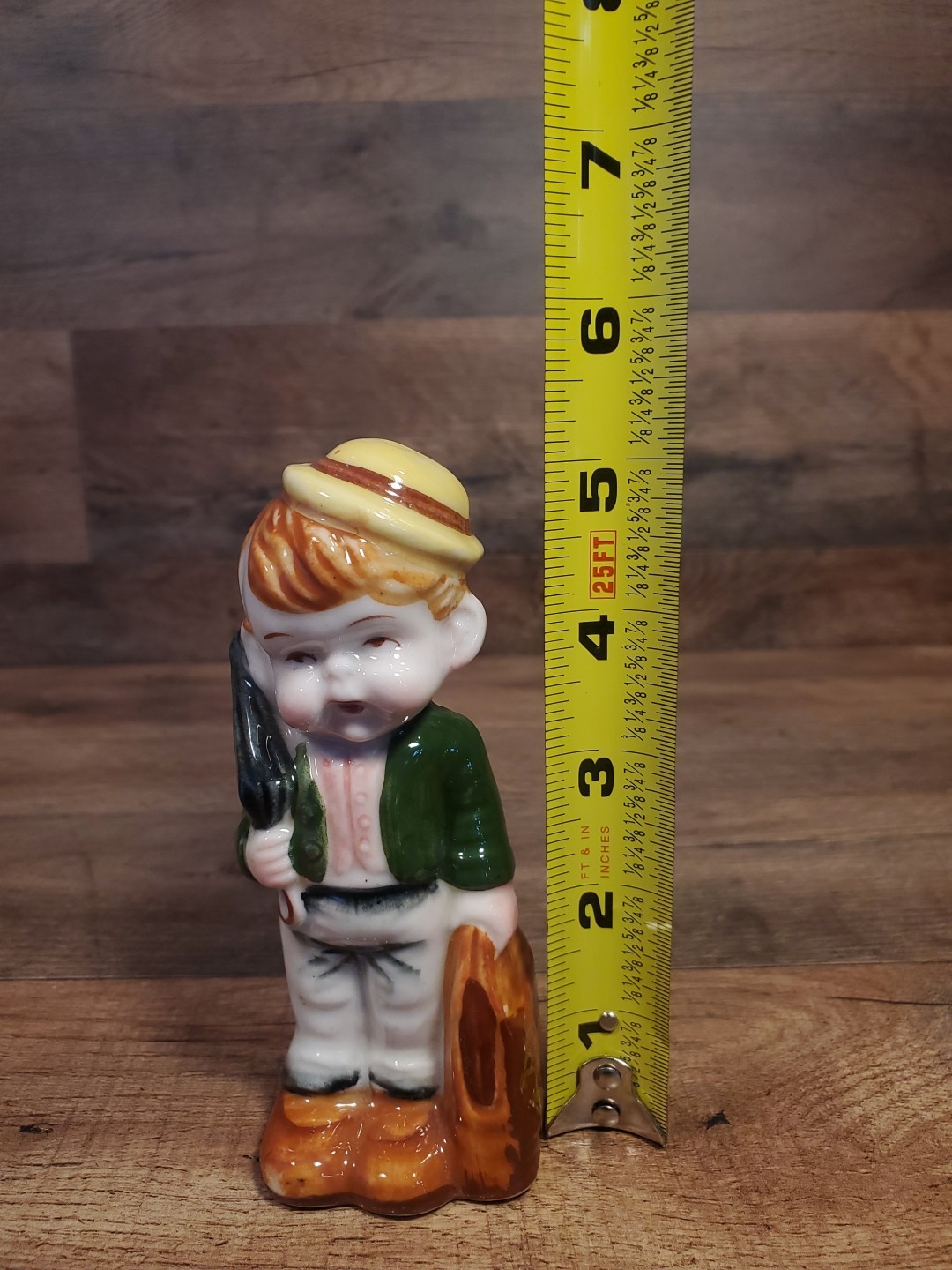 Little Boy Vintage Figurine Hat Umbrella Bag Green Coat Handpainted Bisque 5.5in