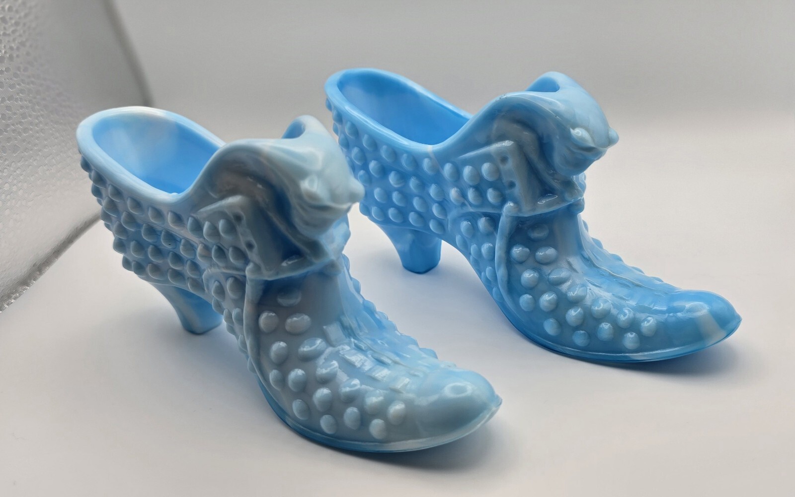 Set Of 2 Vtg Fenton Glass Blue Marble Hobnail Cat Head Shoe Slipper w/ Stickers