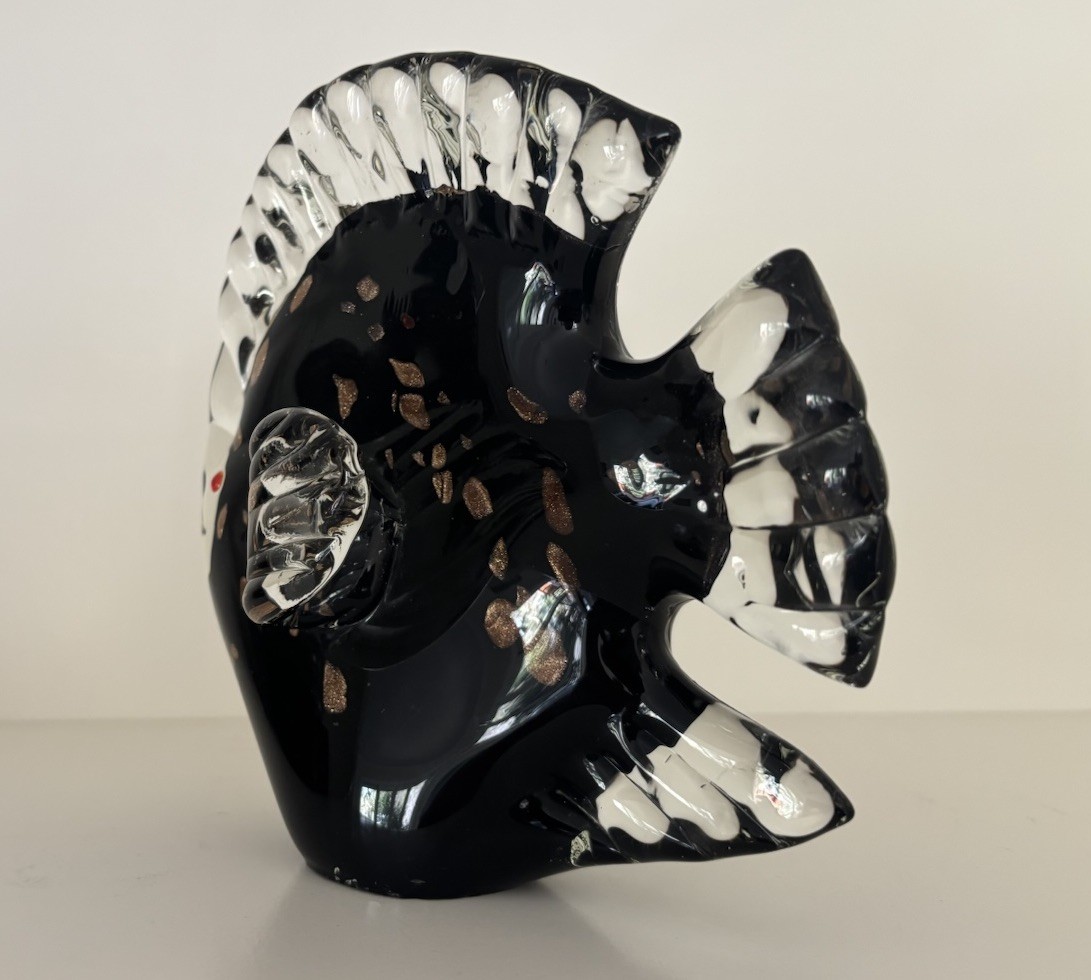 Vintage Murano Glass Fish Statue Black & Metallic Gold Excellent Condition