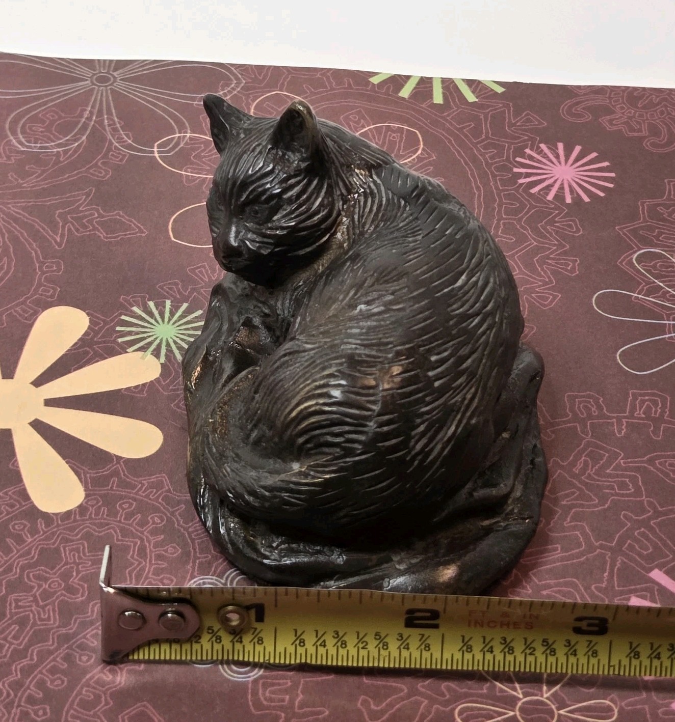 Vtg Cat Paperweight/Sculpture Bronze Look Desk Accessory Curio Piece 4″