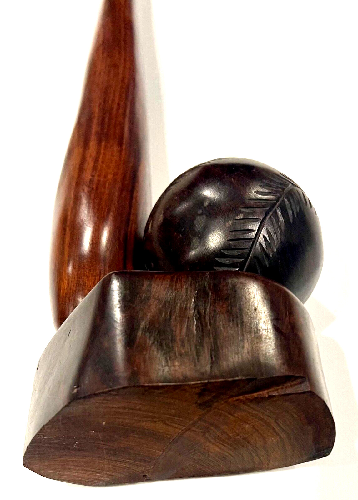 Vintage Mahogany Solid Wood Baseball & Bat Hand Carved Desk Decor Set 16″ H