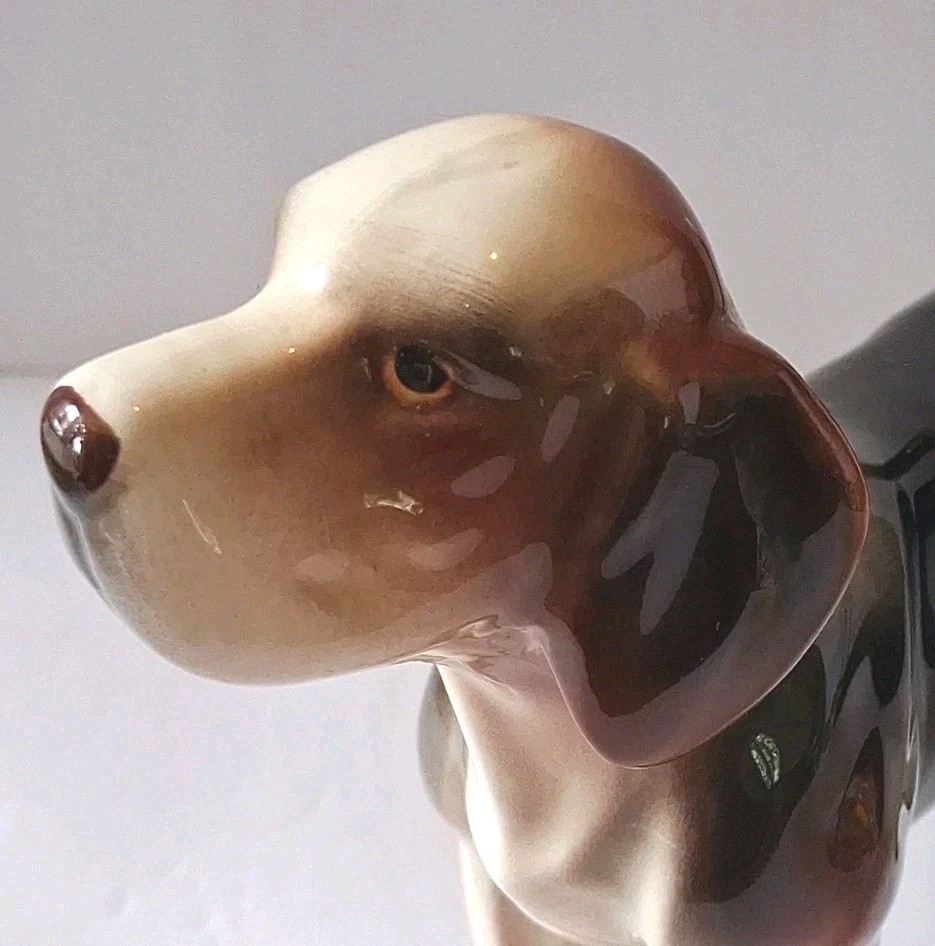 Lefton Korea Ceramic Hound Dog Figurine 5 1/2 Inches Tall Tricolor