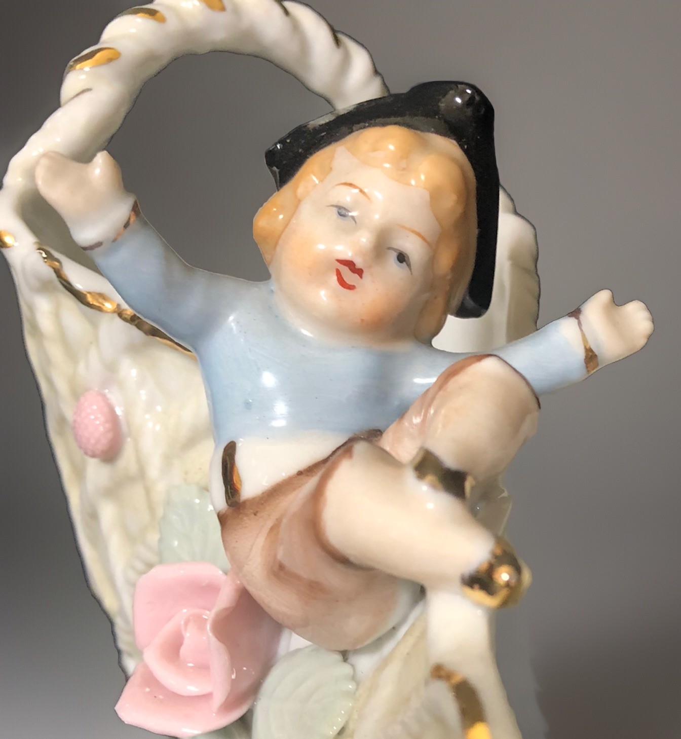 VTG Porcelain Basket With Boy Figure And Flowers Gold Trim Hand Painted Unmarked