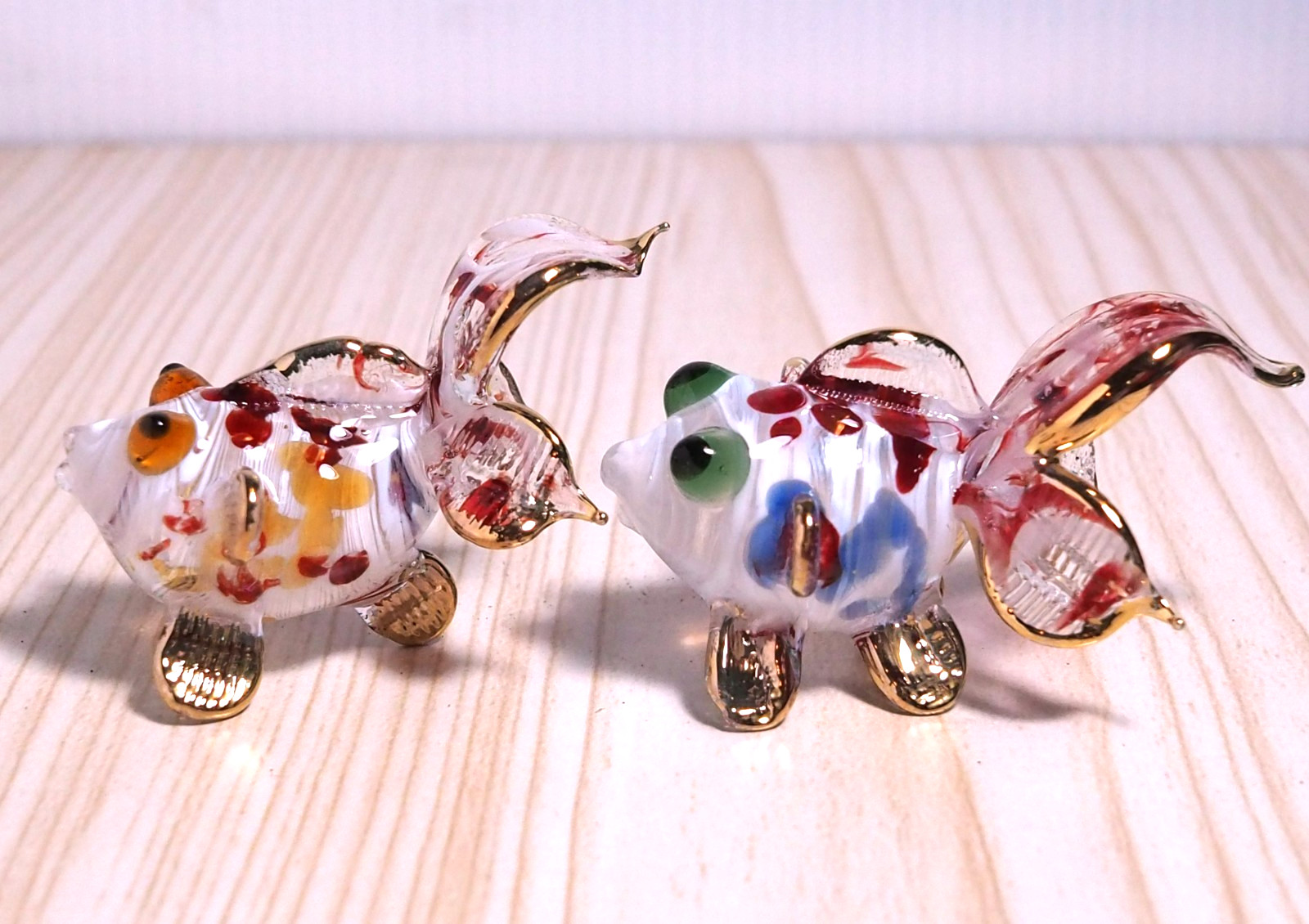 2 pcs. Goldfish figurine handmade blown art glass gold trim 2.5 in Gift decor