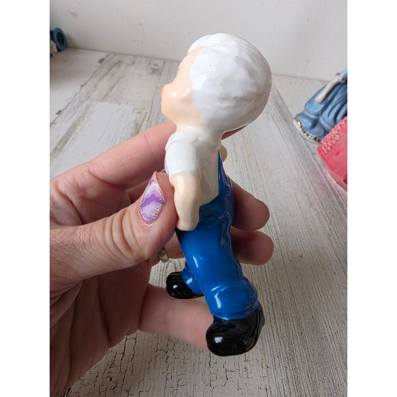 Vintage Japan boy overalls gray hair statue figurine