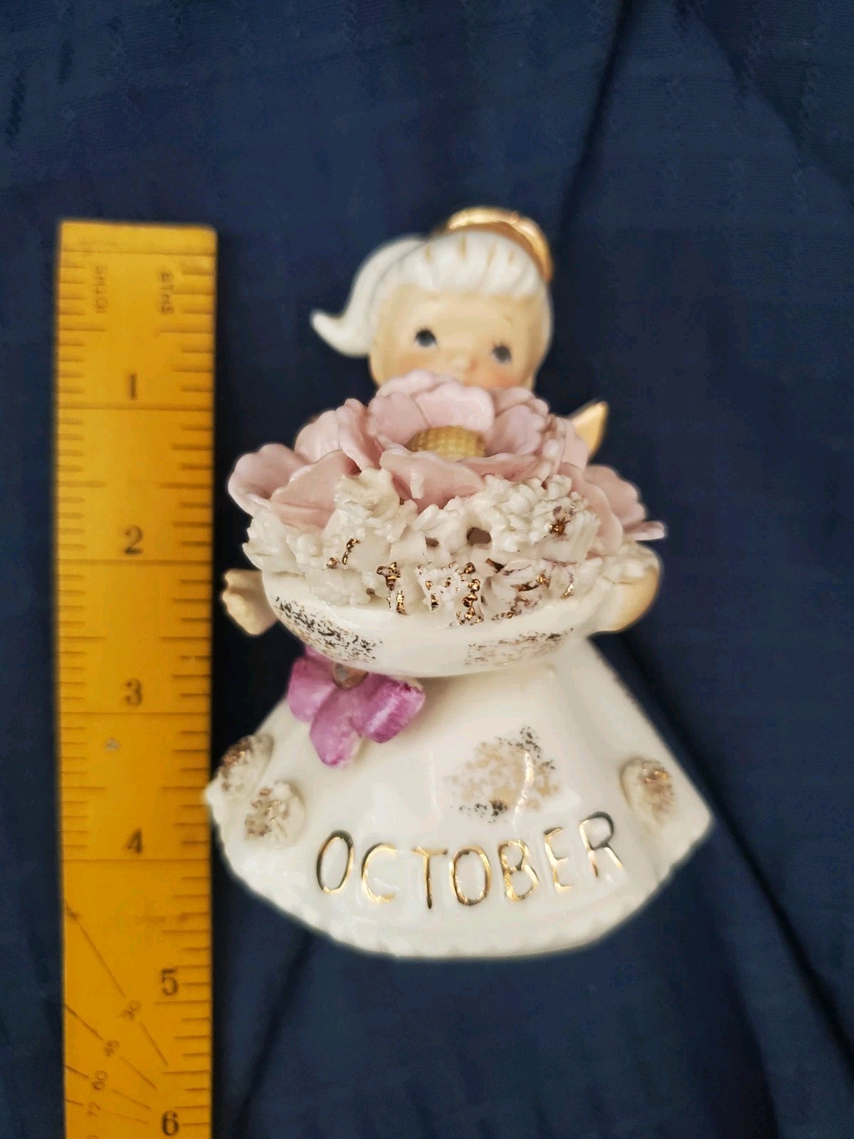 Vintage Lefton 50s Birthday Angel Figurine October Spaghetti Trim Cosmos Zircon