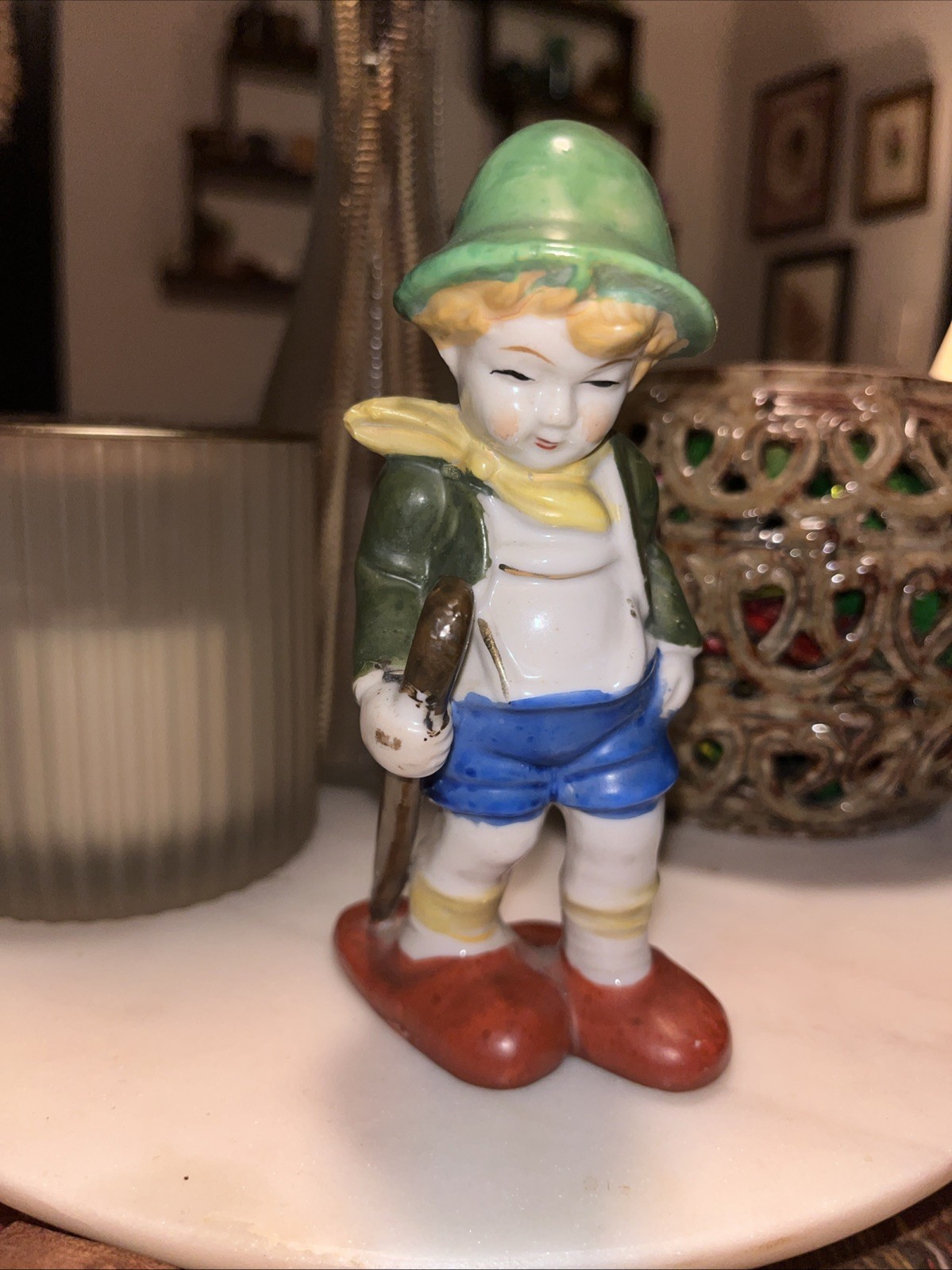 Occupied Japan Boy with Backpack Cane, Oversized Shoes Figurine 5.5 Inches