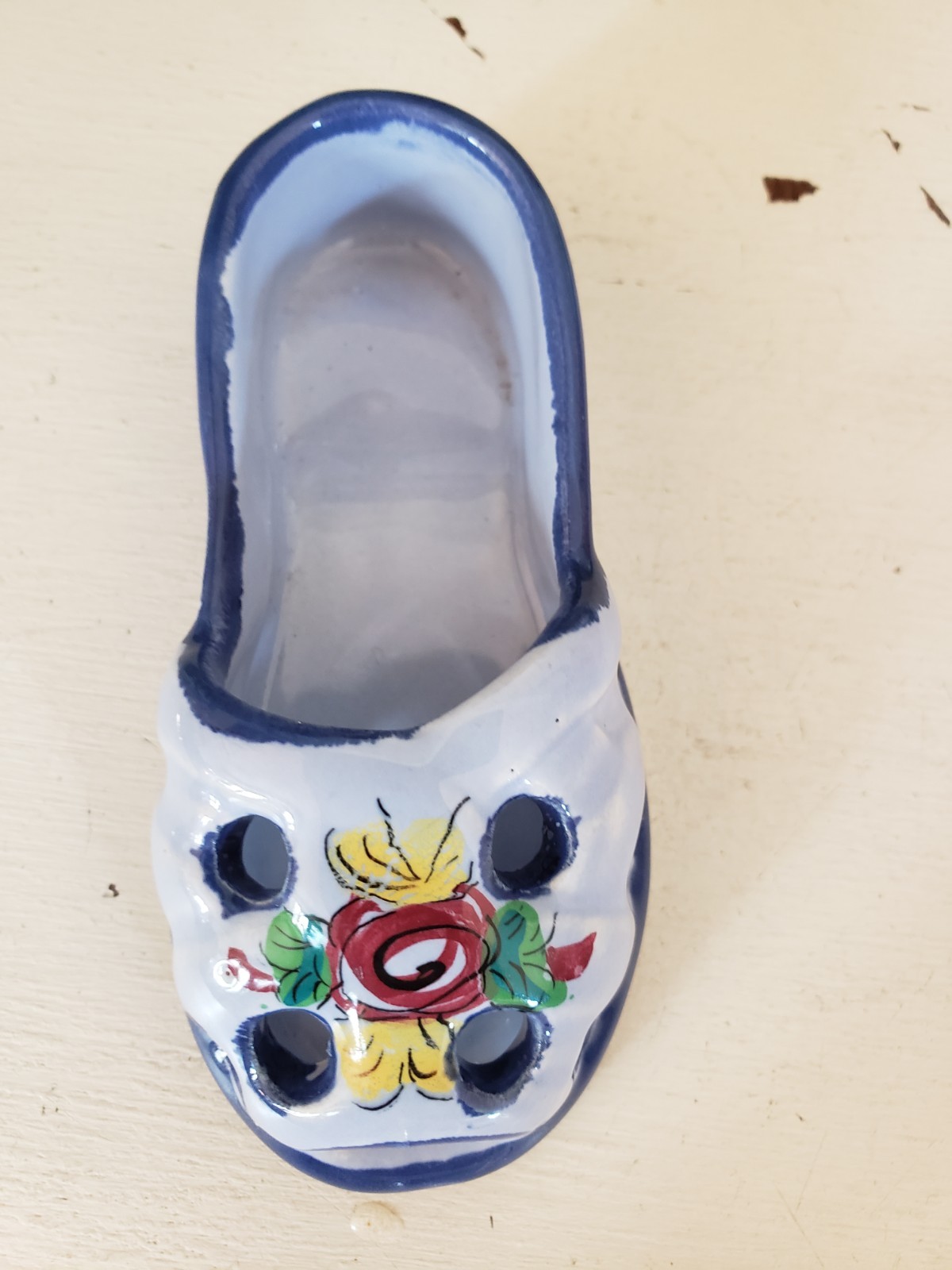 Vintage Handpainted Mini Porcelain Shoe/sandal, Blue Floral. Made In Portugal