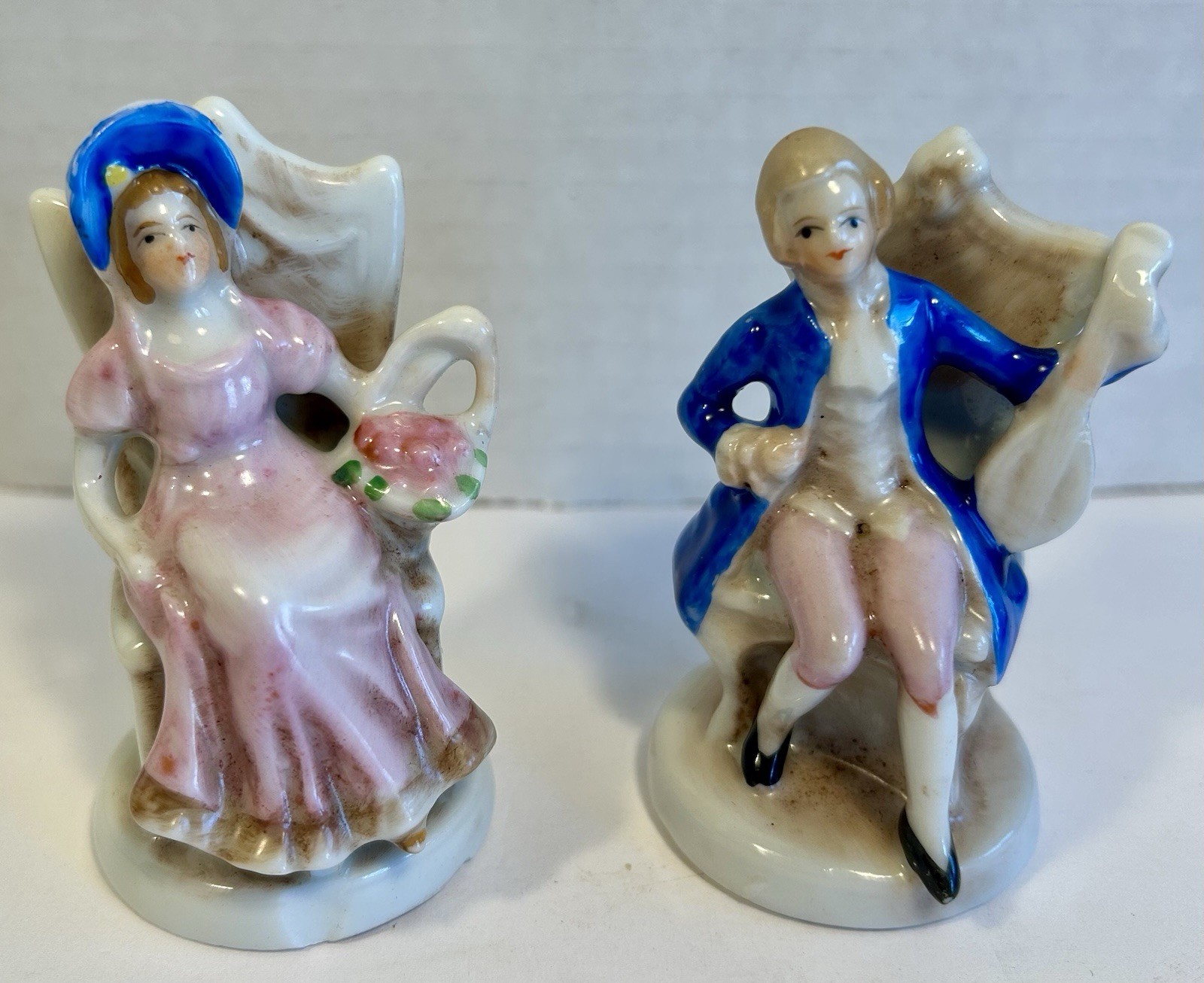 Vintage Porcelain Colonial Figurines Man & Woman 3” Made In Occupied Japan Era