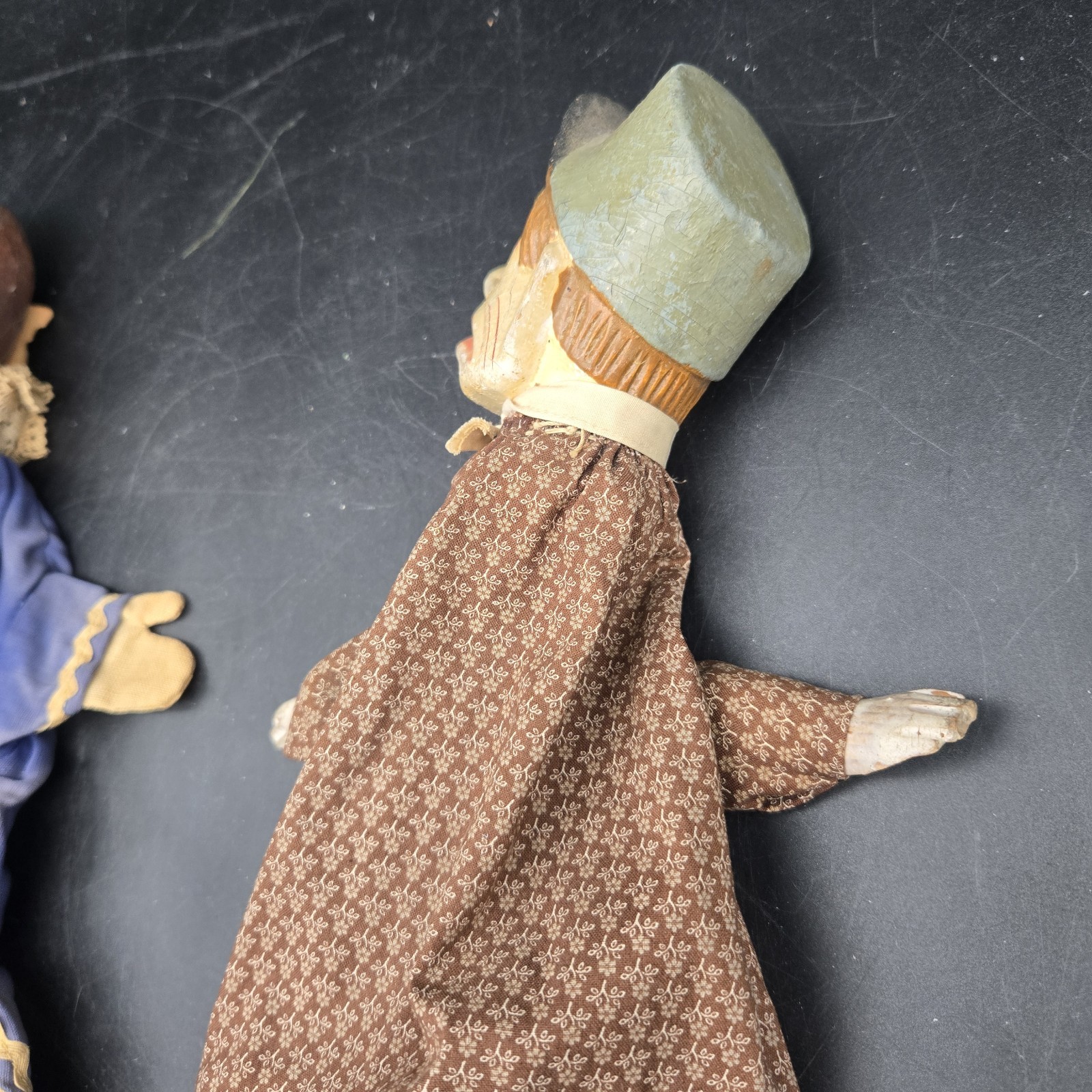 Vintage Hand Carved Wooden Head Hand Puppets Lot of 2 Clown & Character Folk Art