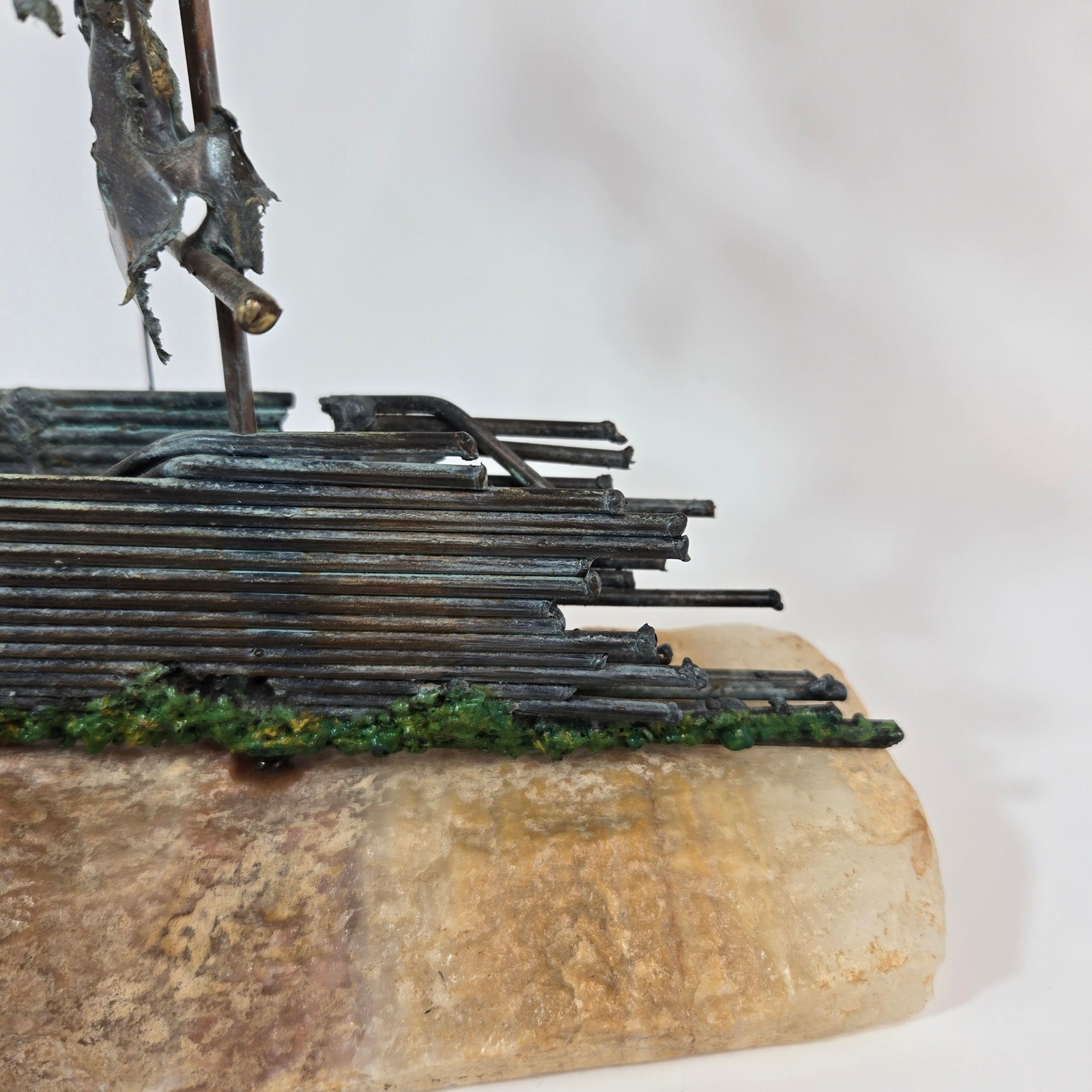 Vintage Brutalist Metal Ship Sculpture Signed DeMott Onyx Base Nautical MCM 13.5
