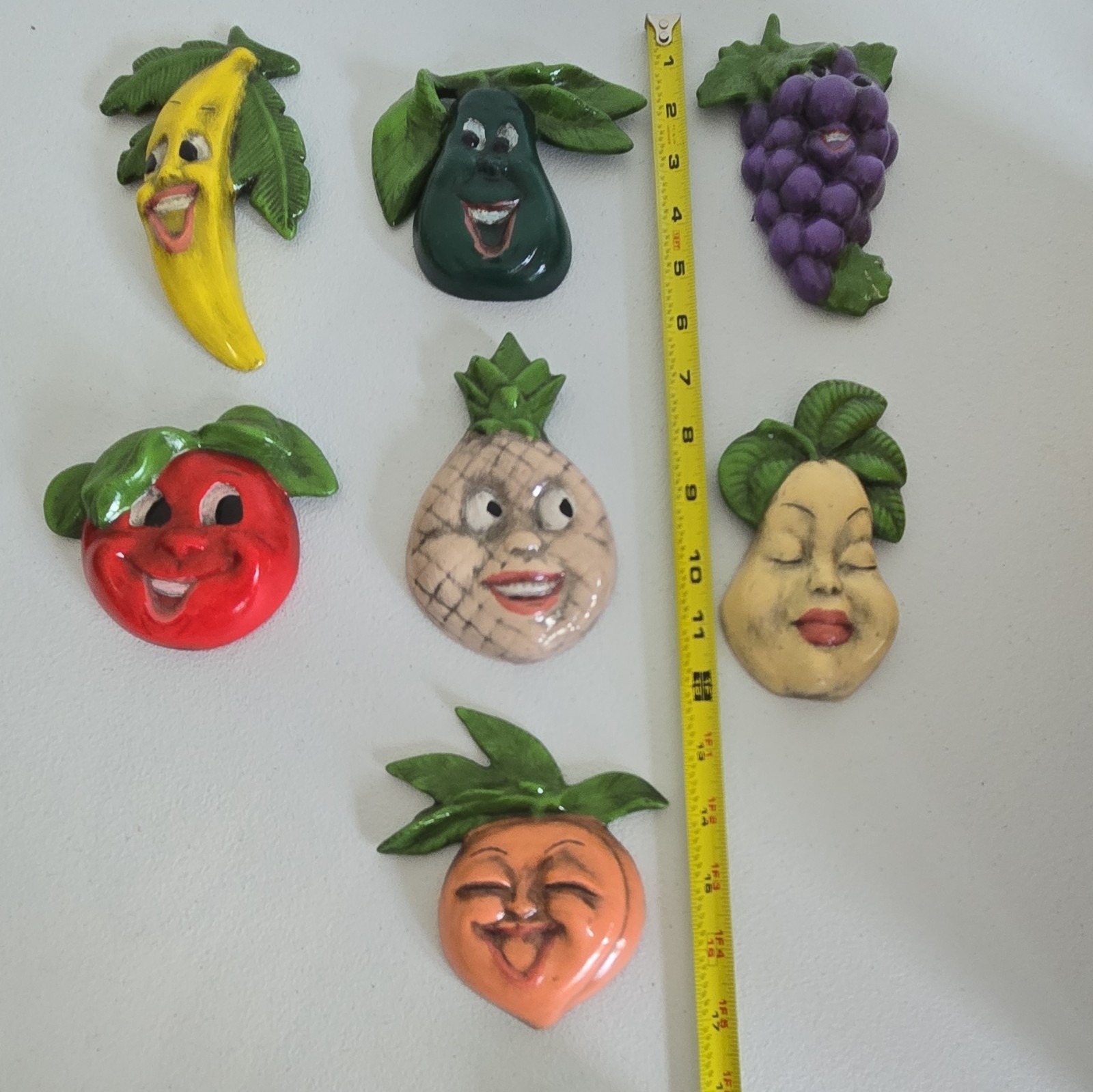 Anthropomorphic Chalkware Wall Plaque Fruit Lot Of 7 Vintage MCM